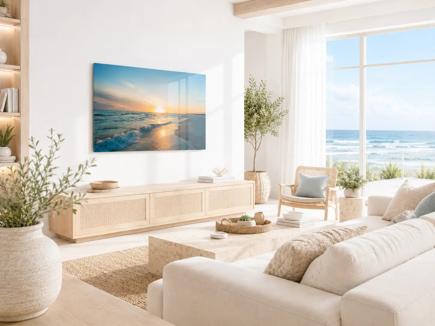 Modern coastal living room with a sunset beach scene glass print, white walls, and a view of the ocean.