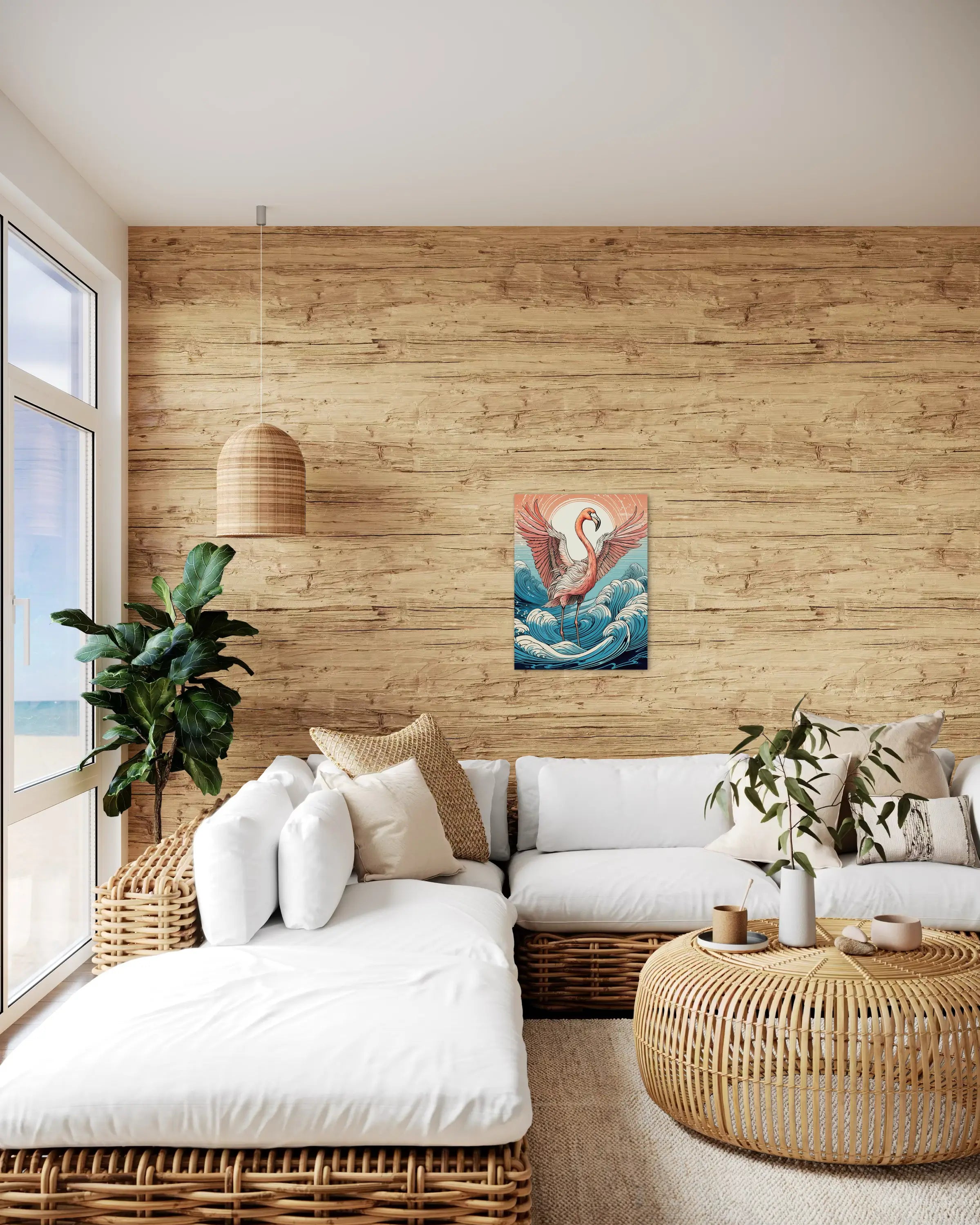 Pink flamingo with outstretched wings standing in ocean waves, coastal glass art by Echoes of the Sea, coastal decor