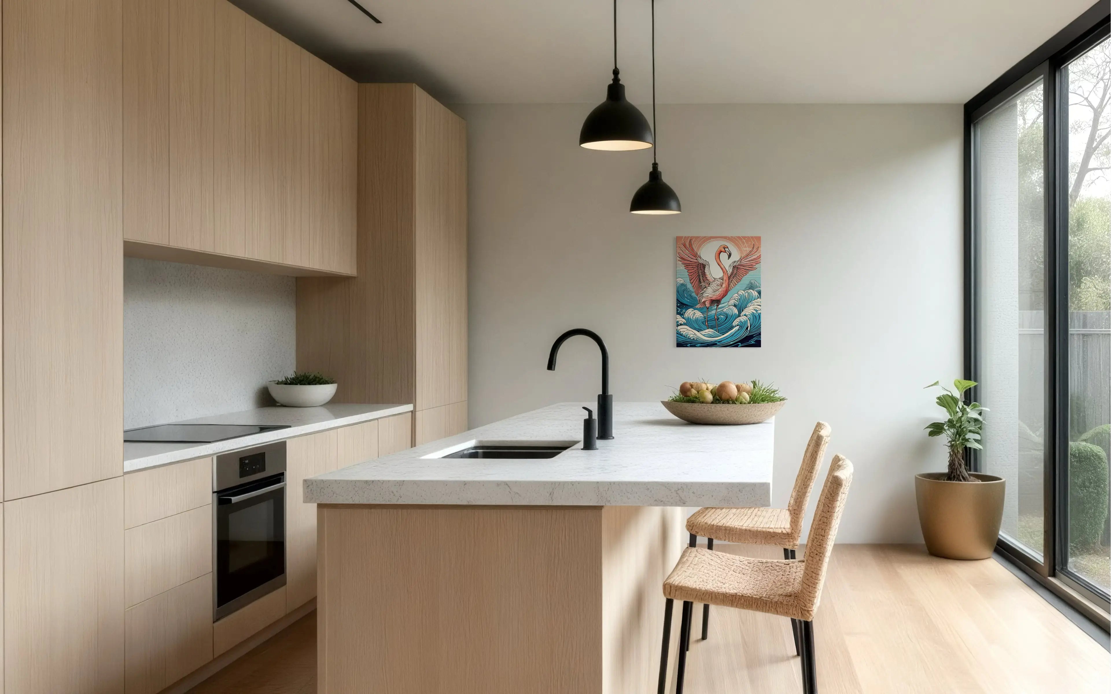 Pink flamingo with outstretched wings standing in ocean waves, whimsical coastal glass art, kitchen decor