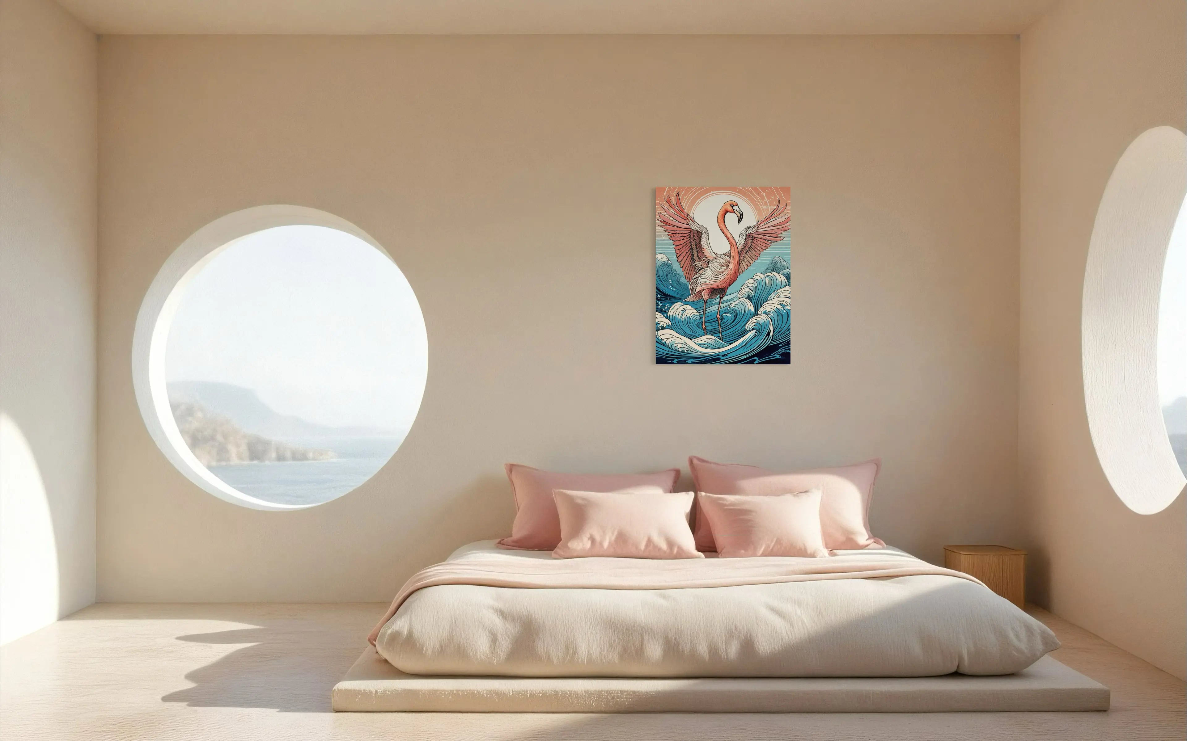 Pink flamingo with outstretched wings standing in ocean waves, whimsical coastal glass art, bedroom decor