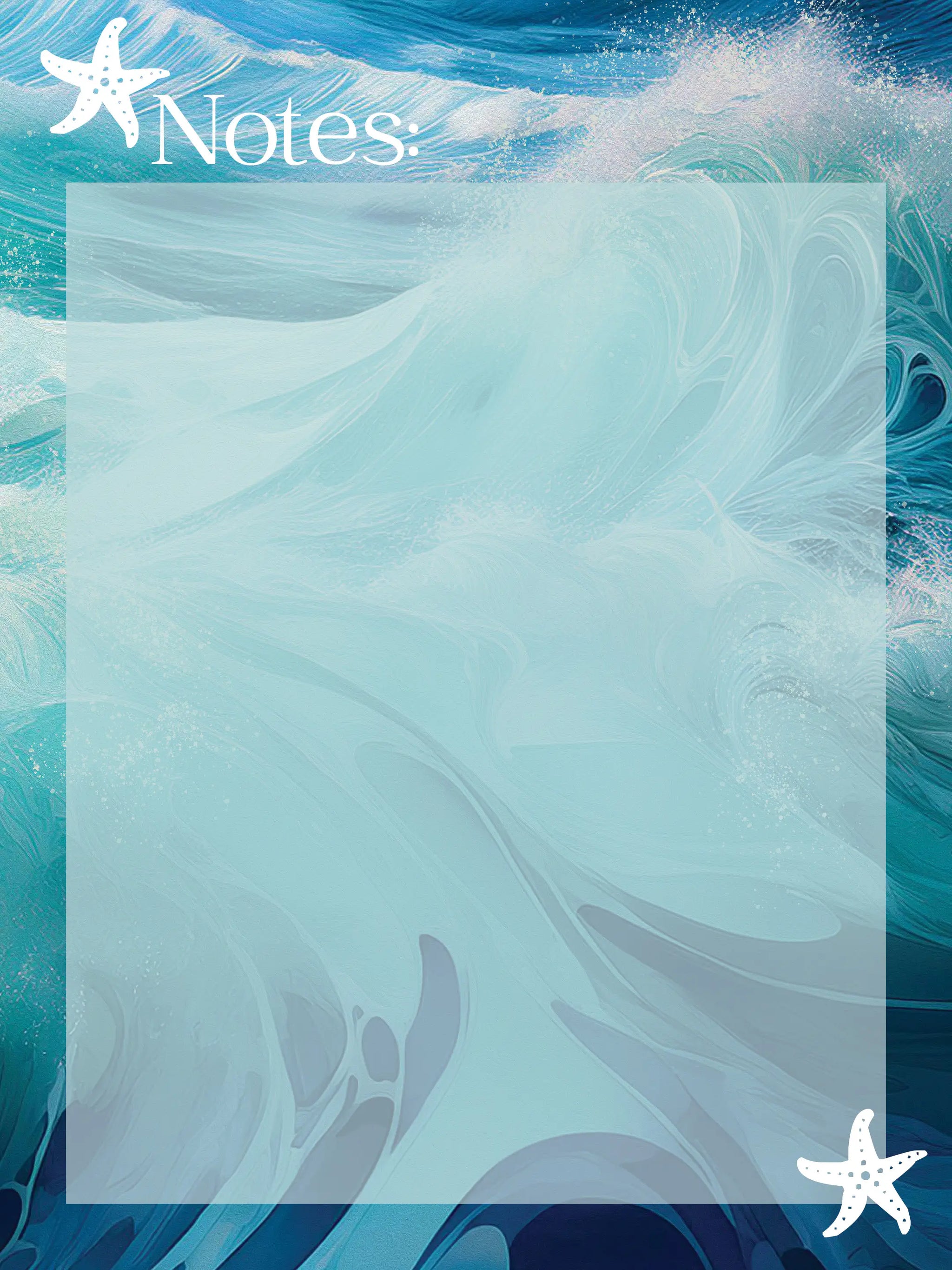 A reusable glass notes board with a dynamic teal and blue ocean wave design, accented with a starfish, and a blank dry-erase surface for notes and lists.
