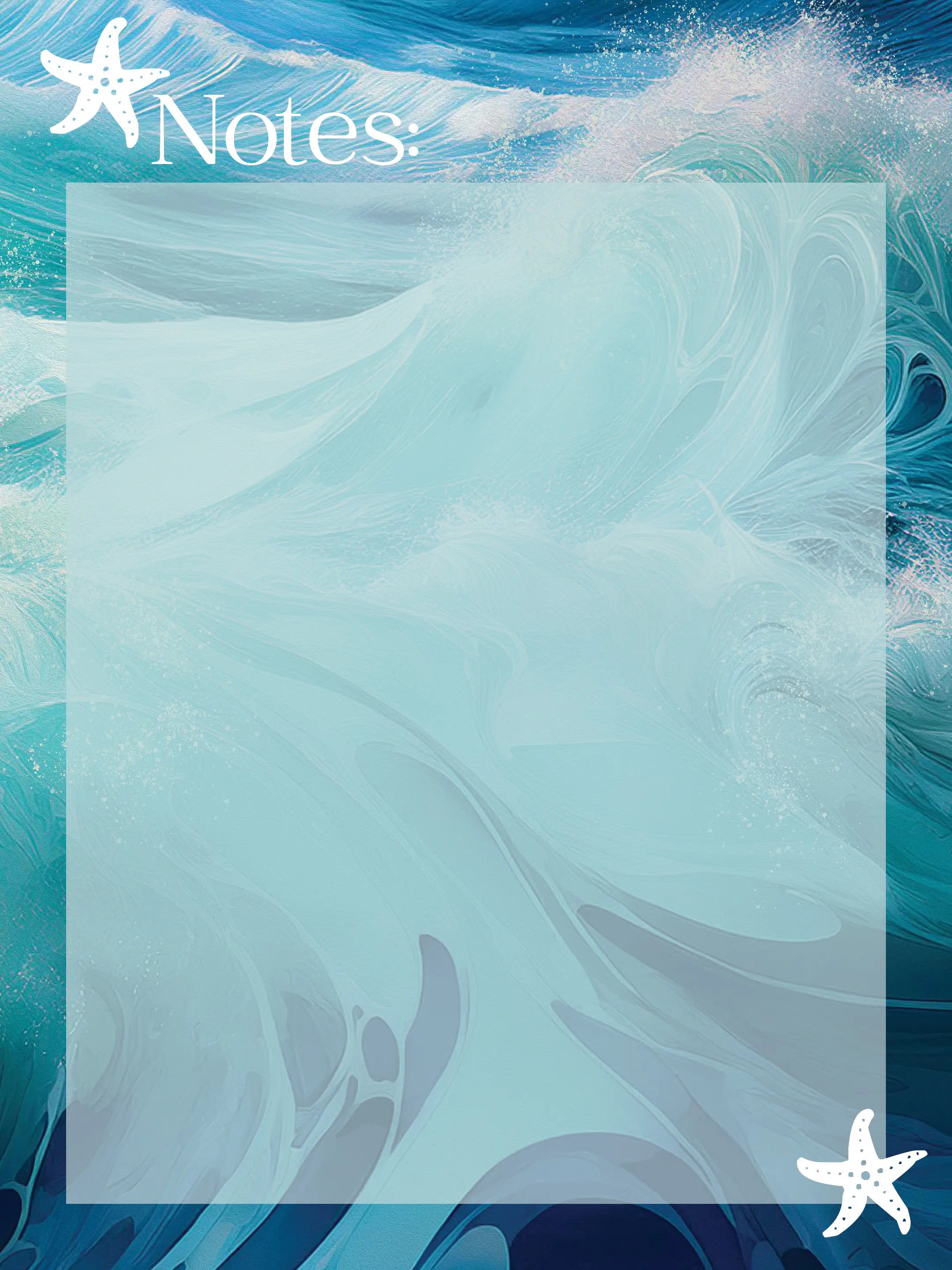 A reusable glass notes board with a dynamic teal and blue ocean wave design, accented with a starfish, and a blank dry-erase surface for notes and lists.