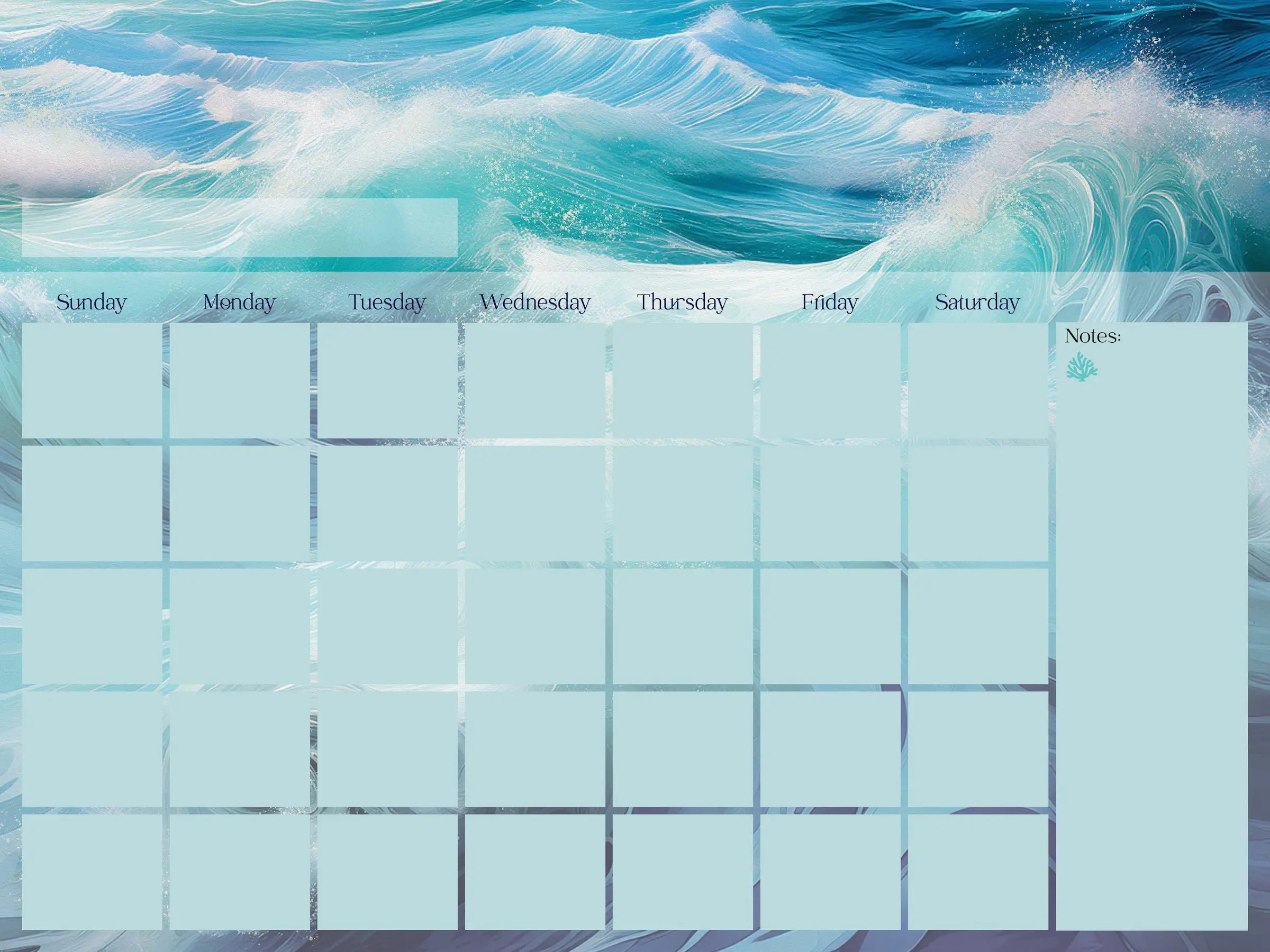 A dry-erase perpetual glass calendar with teal and blue ocean wave, showing the monthly grid and notes section for a sustainable home and office.
