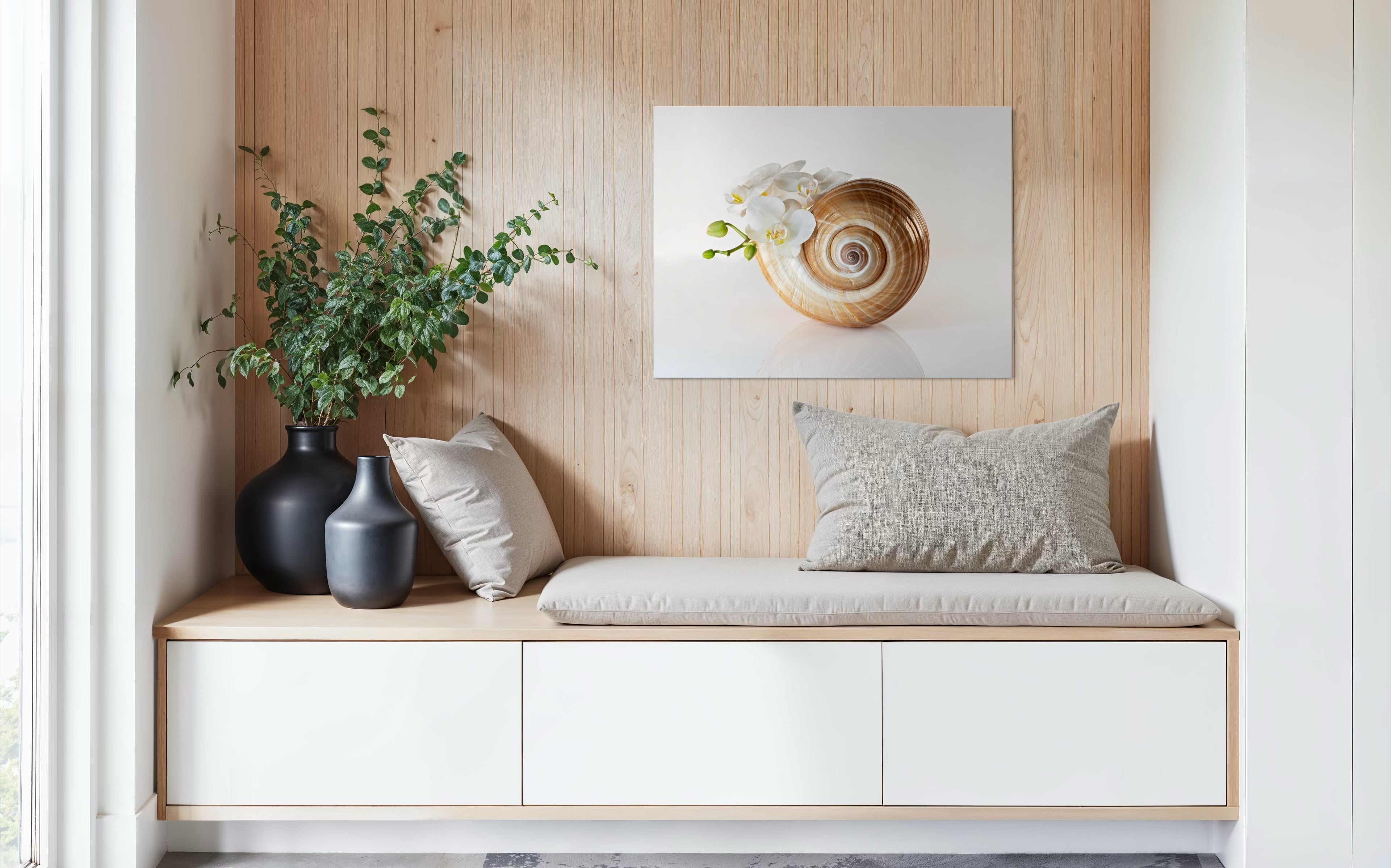 Tonna Galea seashell with orchids coastal glass print by Echoes of the Sea, botanical elegance