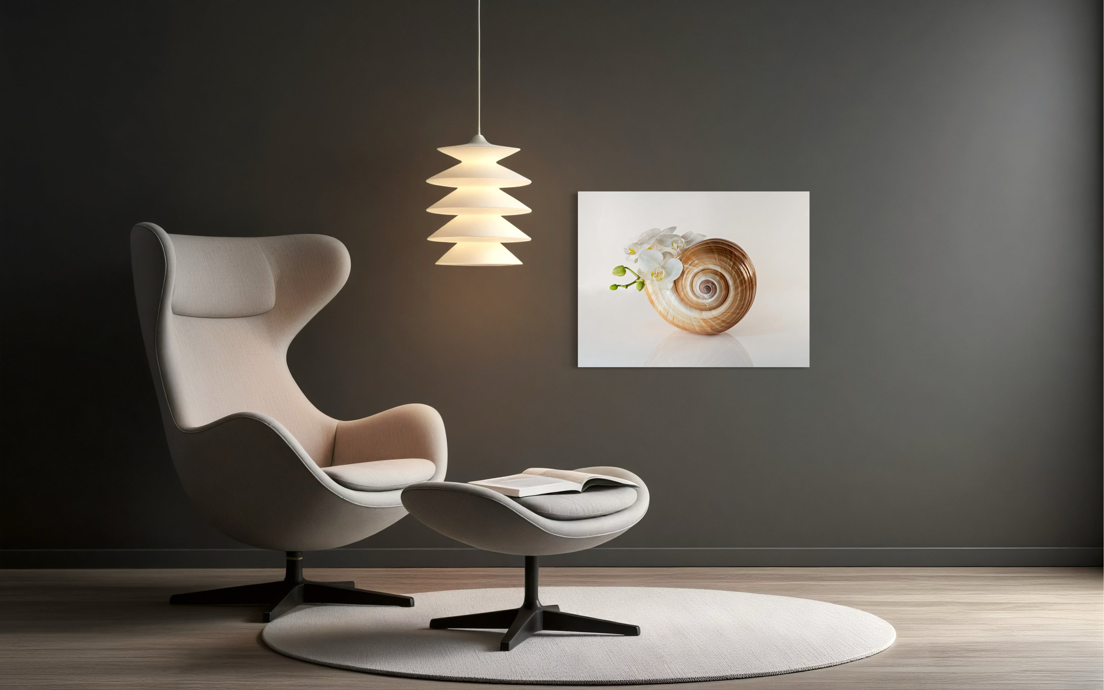 Tonna Galea seashell with orchids coastal glass print by Echoes of the Sea, botanical elegance