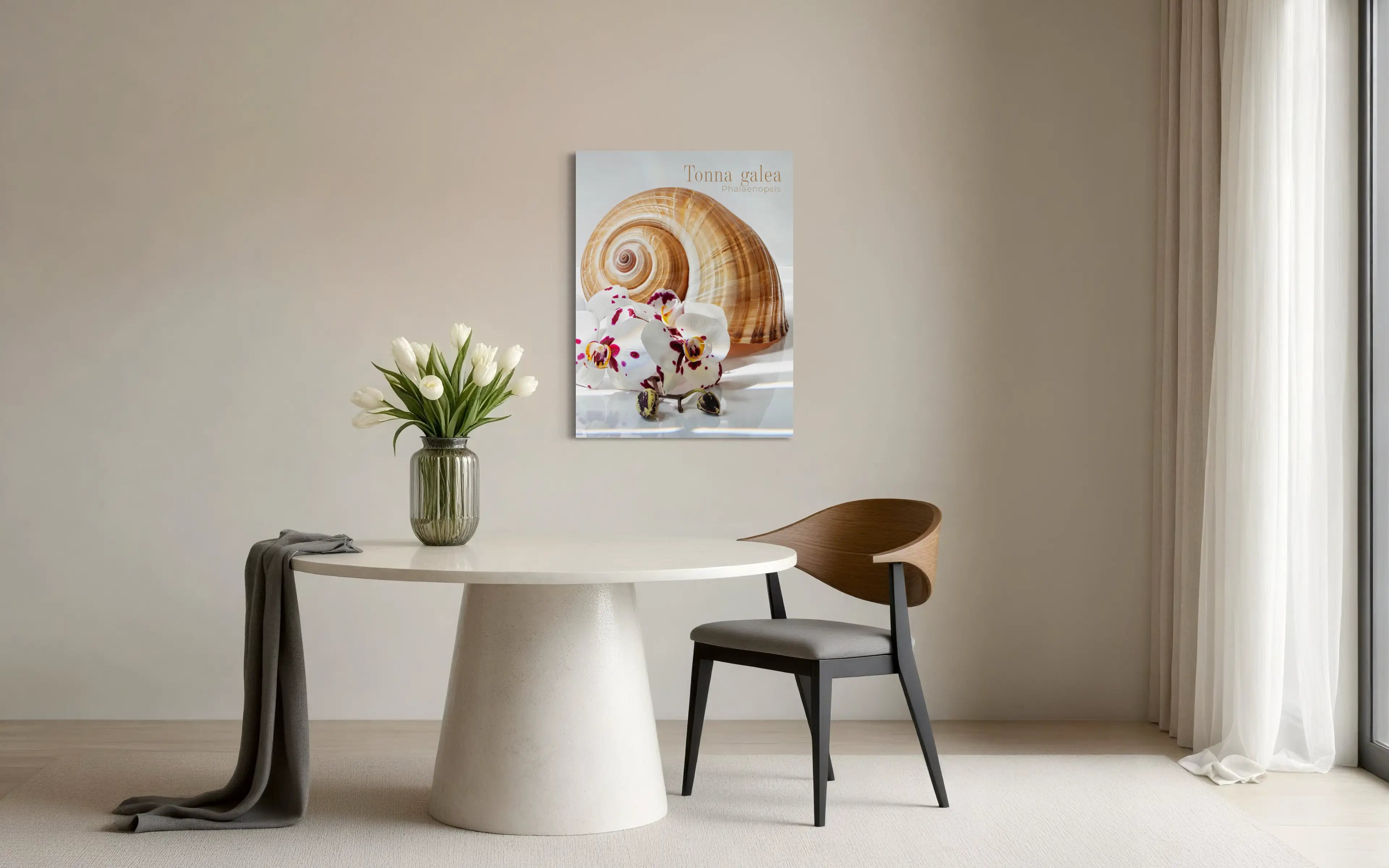 Minimal dining room with Tonna shell and spotted orchid glass wall art centered above round table