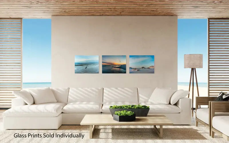 Tranquil Heron Coastal Glass Artwork - Beach Scene Printed