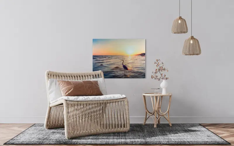 Tranquil Heron Sunset Glass Print - Beach Scene Printed
