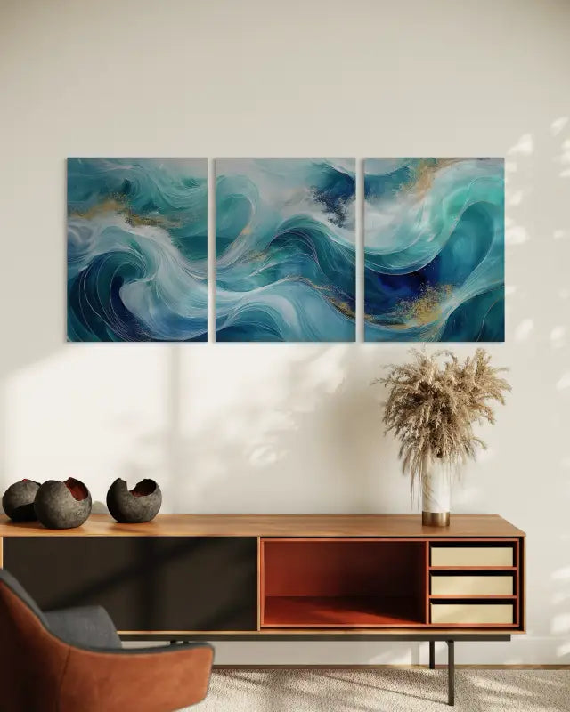 Triptych Ocean Wave Glass Print | Abstract Emerald Waves with Gold - Beach Scene Printed