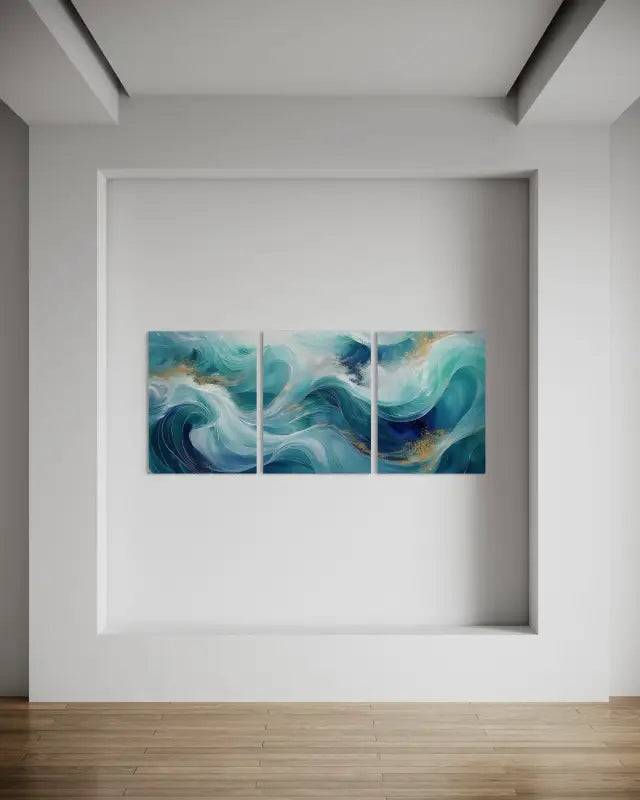 Triptych Ocean Wave Glass Print | Abstract Emerald Waves with Gold - Large 15.6’’ x 20.8’’ - Beach Scene Printed