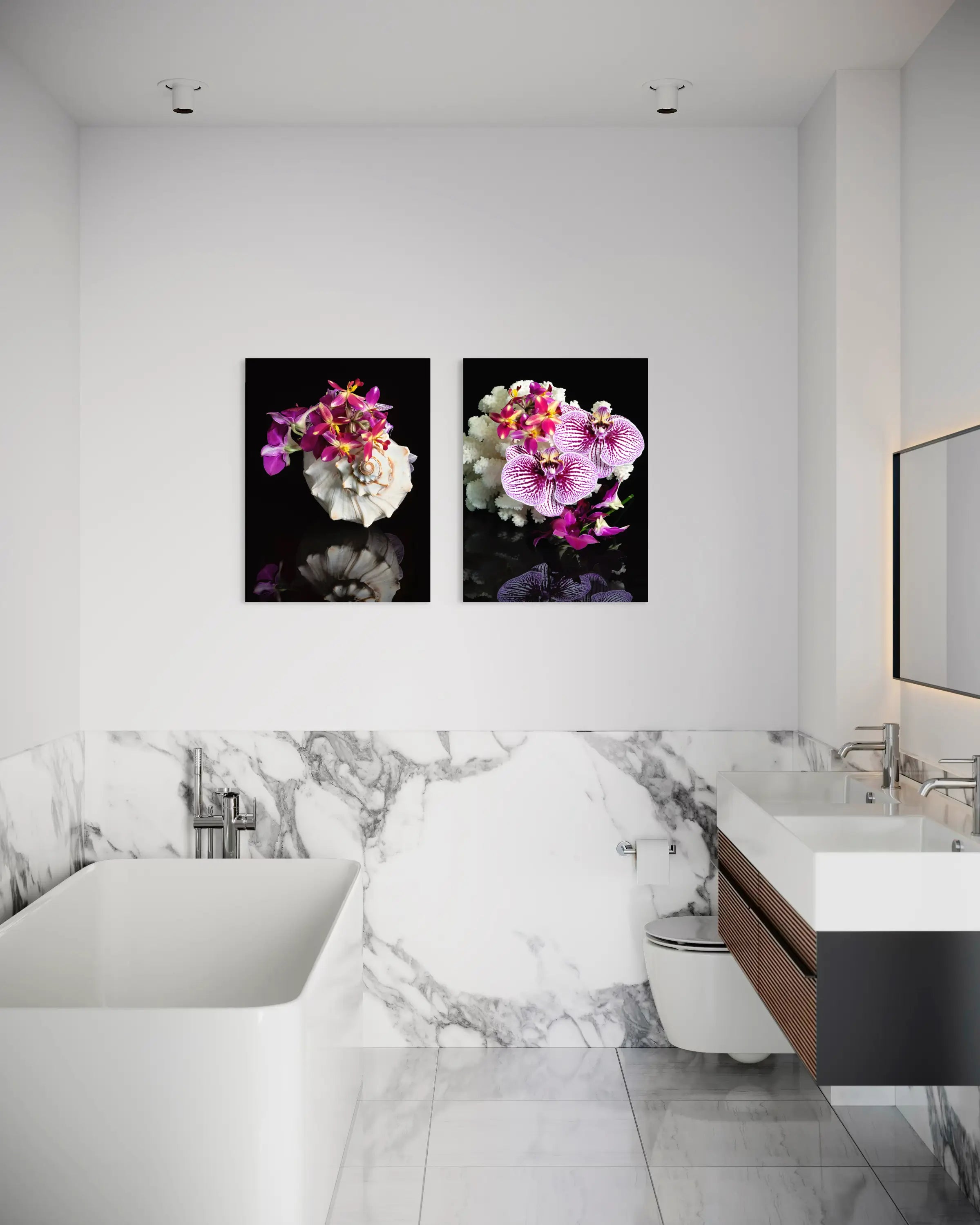 Coastal glass print of a triton shell filled with colorful orchids, shown in coastal bathroom with matching print