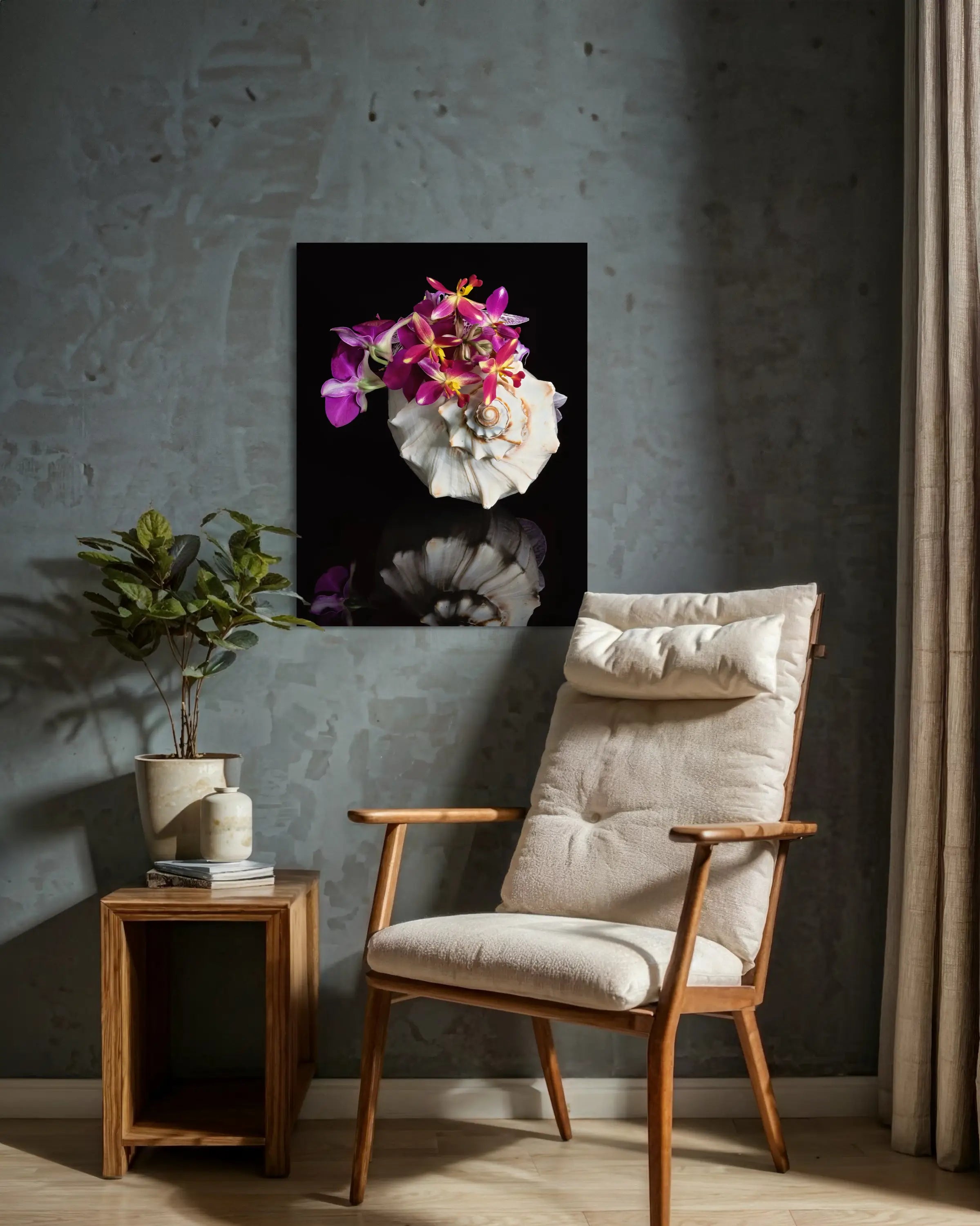 Coastal glass print of a triton shell filled with colorful orchids on a black reflective surface, cozy sitting area