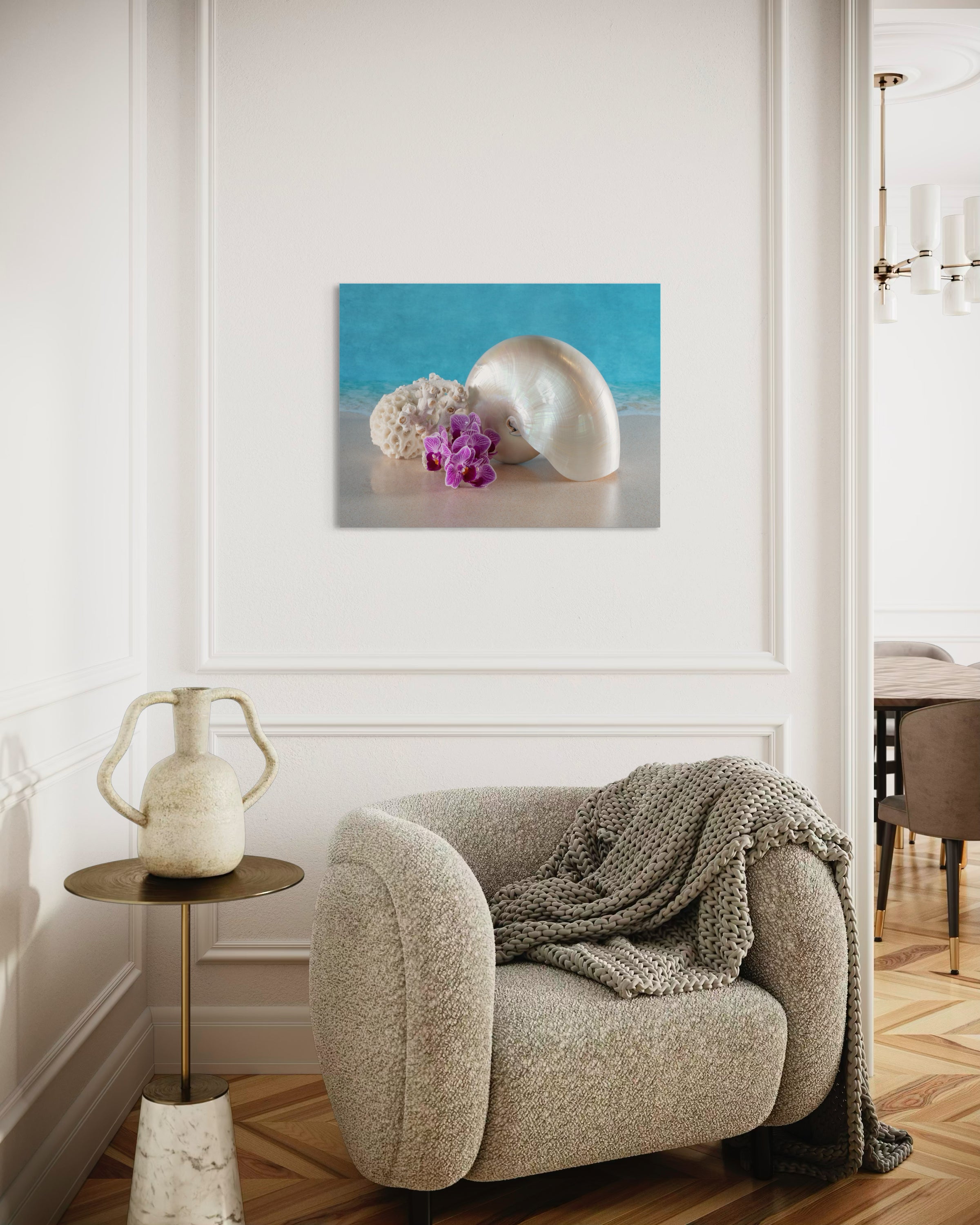 Tropical nautilus, octopus, and brain coral glass print by Echoes of the Sea, coastal wall decor