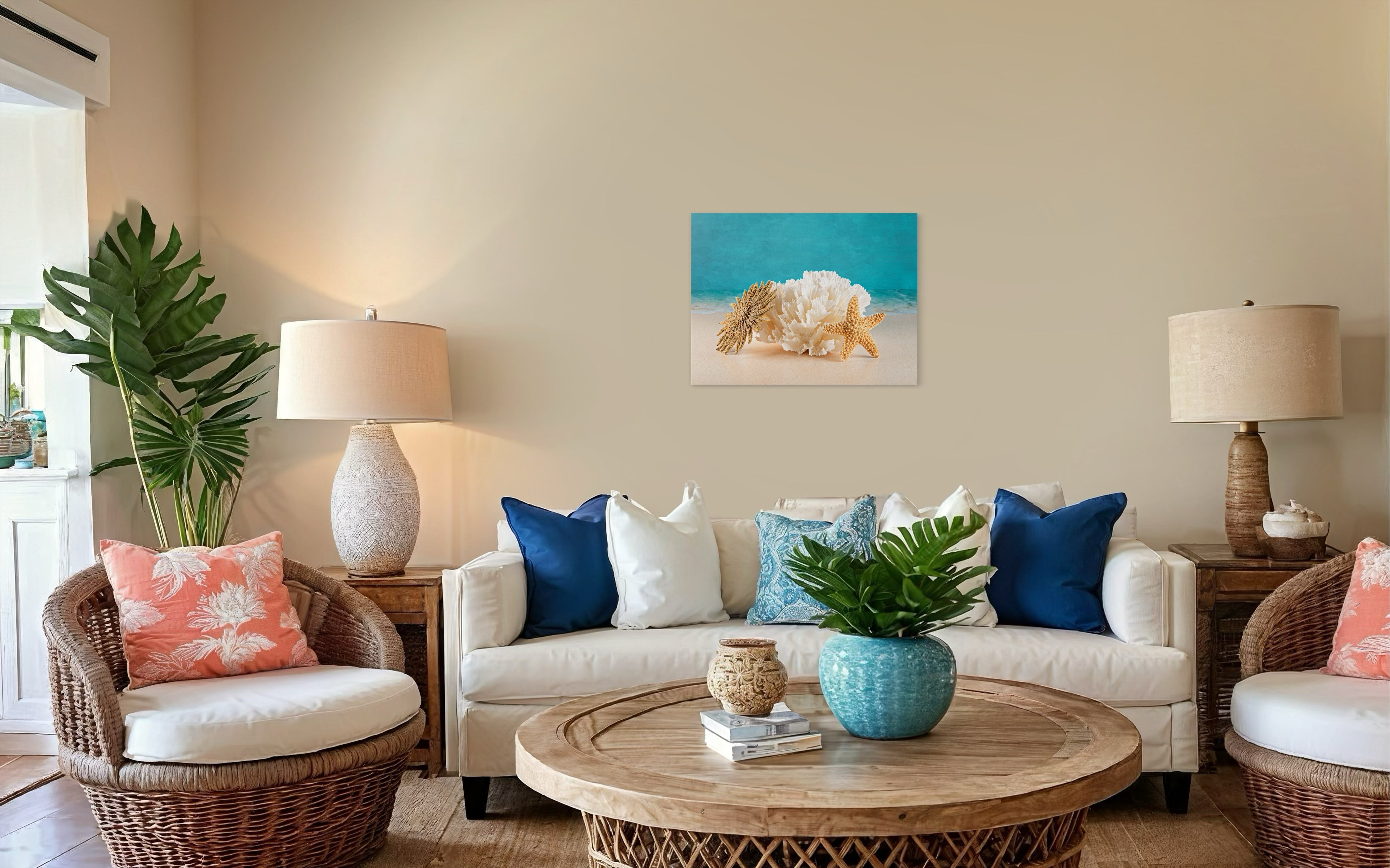 Tropical Ocean Art: Starfish Sun & Plate Coral Glass Print - Shell Prints