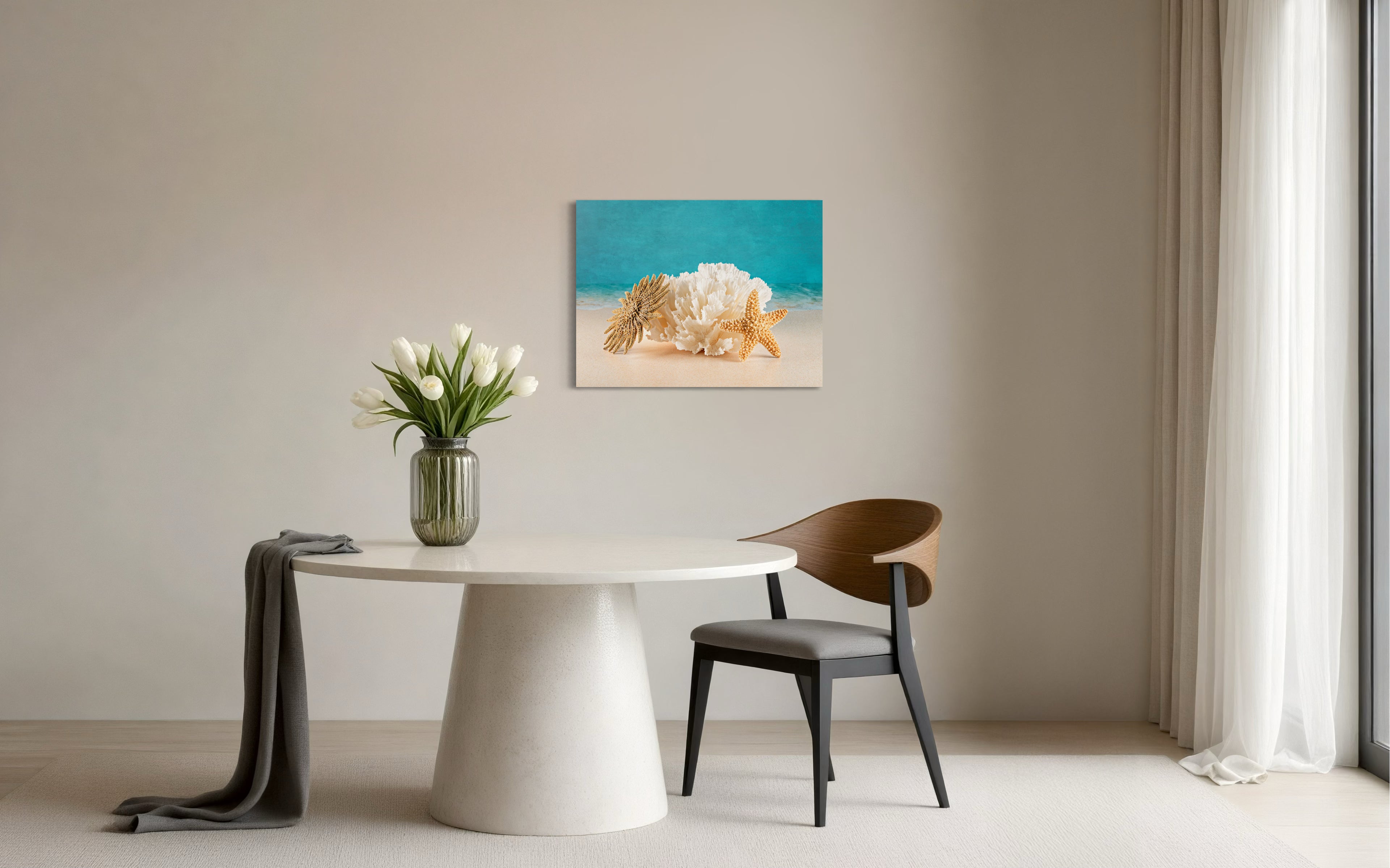 Tropical Ocean Art: Starfish Sun & Plate Coral Glass Print - Shell Prints