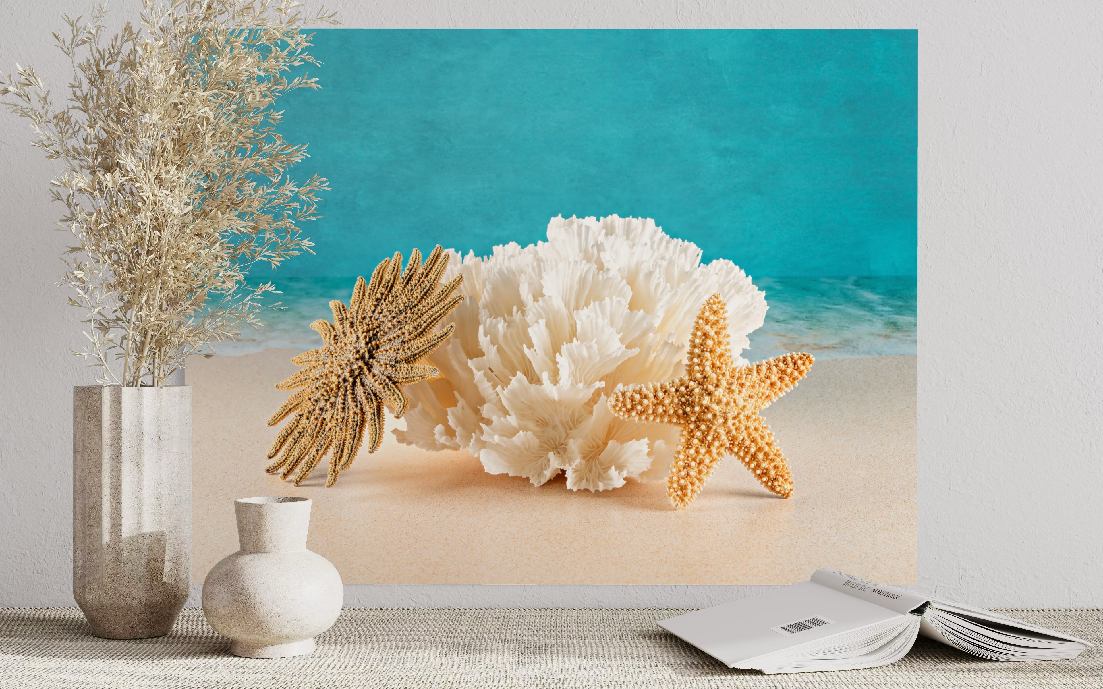 Tropical Ocean Art: Starfish Sun & Plate Coral Glass Print - Shell Prints