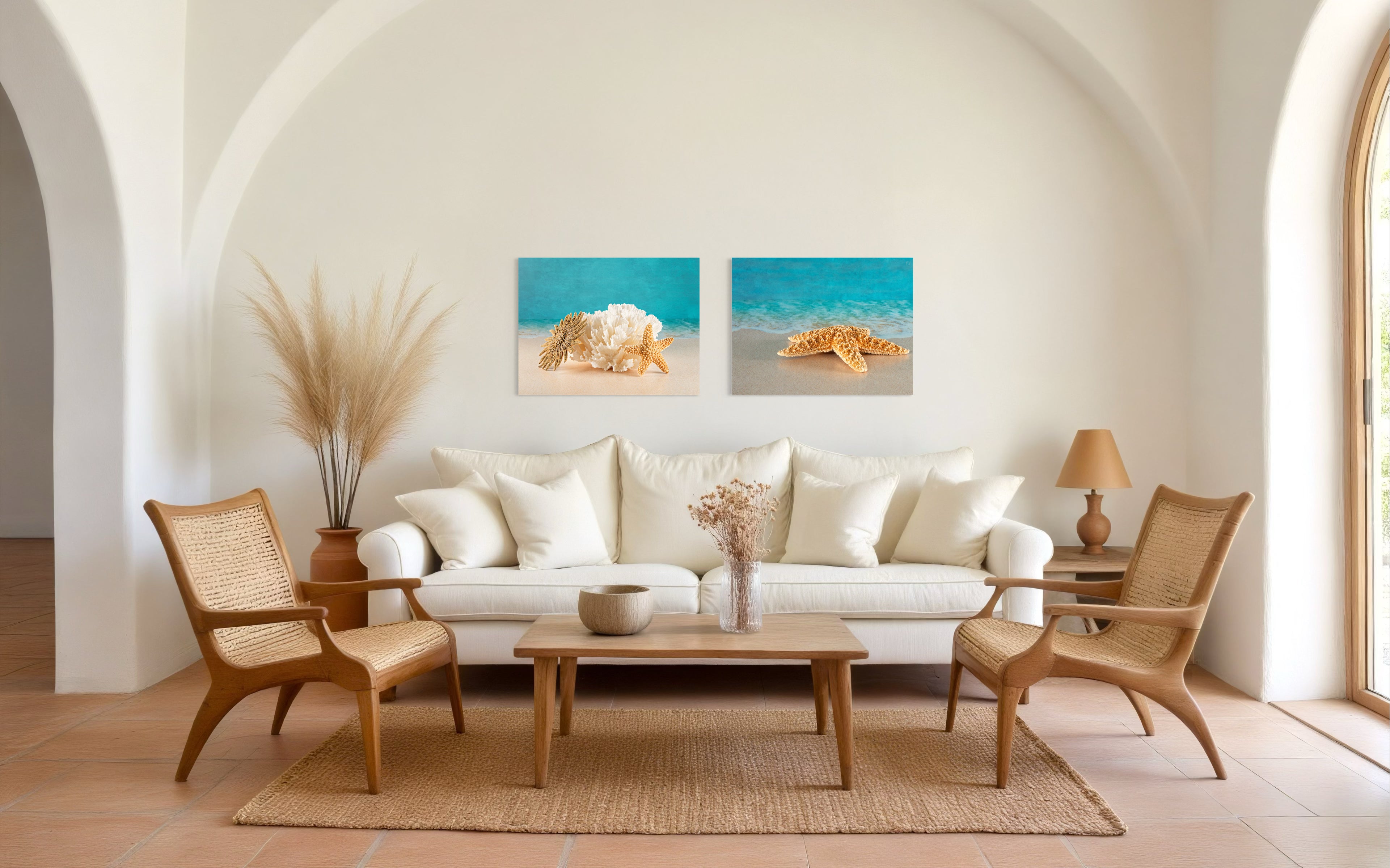 Tropical Ocean Art: Starfish Sun & Plate Coral Glass Print - Shell Prints