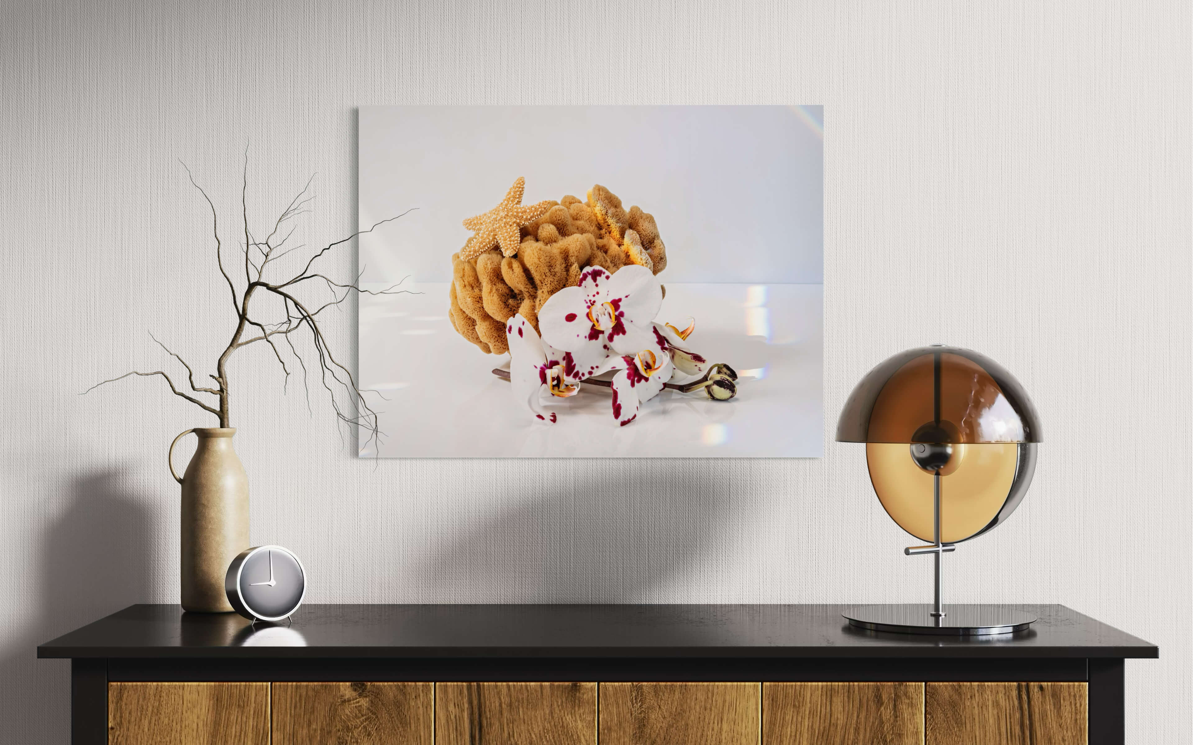 Eco-friendly coastal glass print with golden-brown sea sponge and magenta orchids on white background-office decor