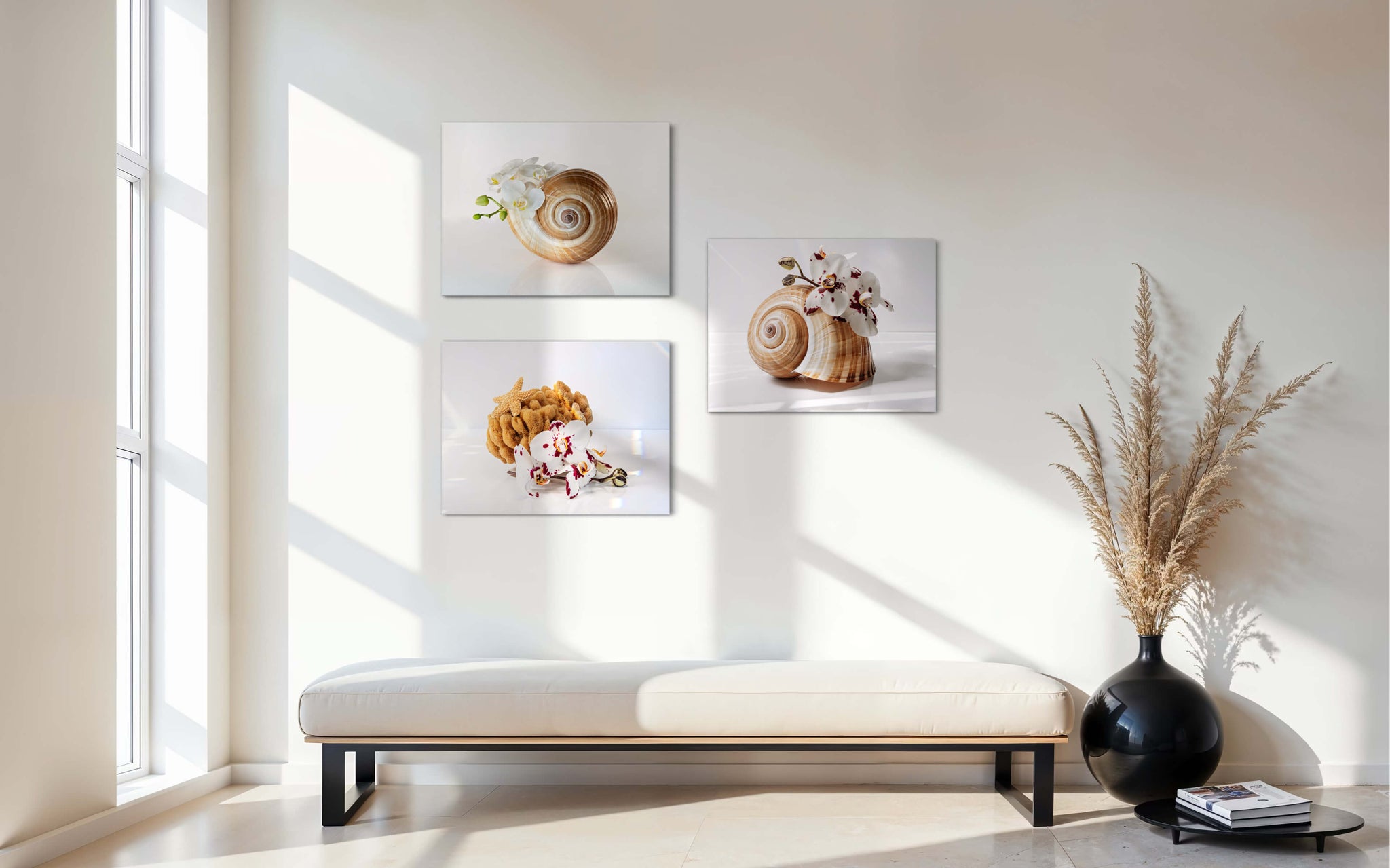 Eco-friendly coastal glass print with golden-brown sea sponge and orchids for beach decor-wall gallery