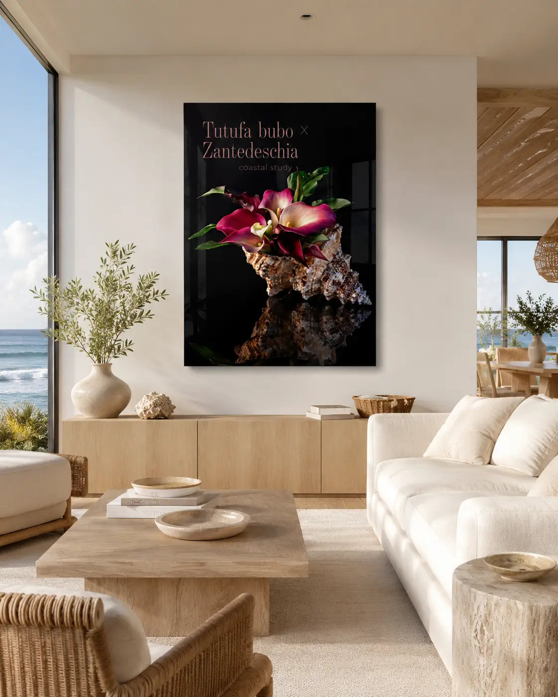 Warm coastal living room with ocean view featuring the Tutufa bubo × Zantedeschia coastal study glass poster above a light wood sideboard.