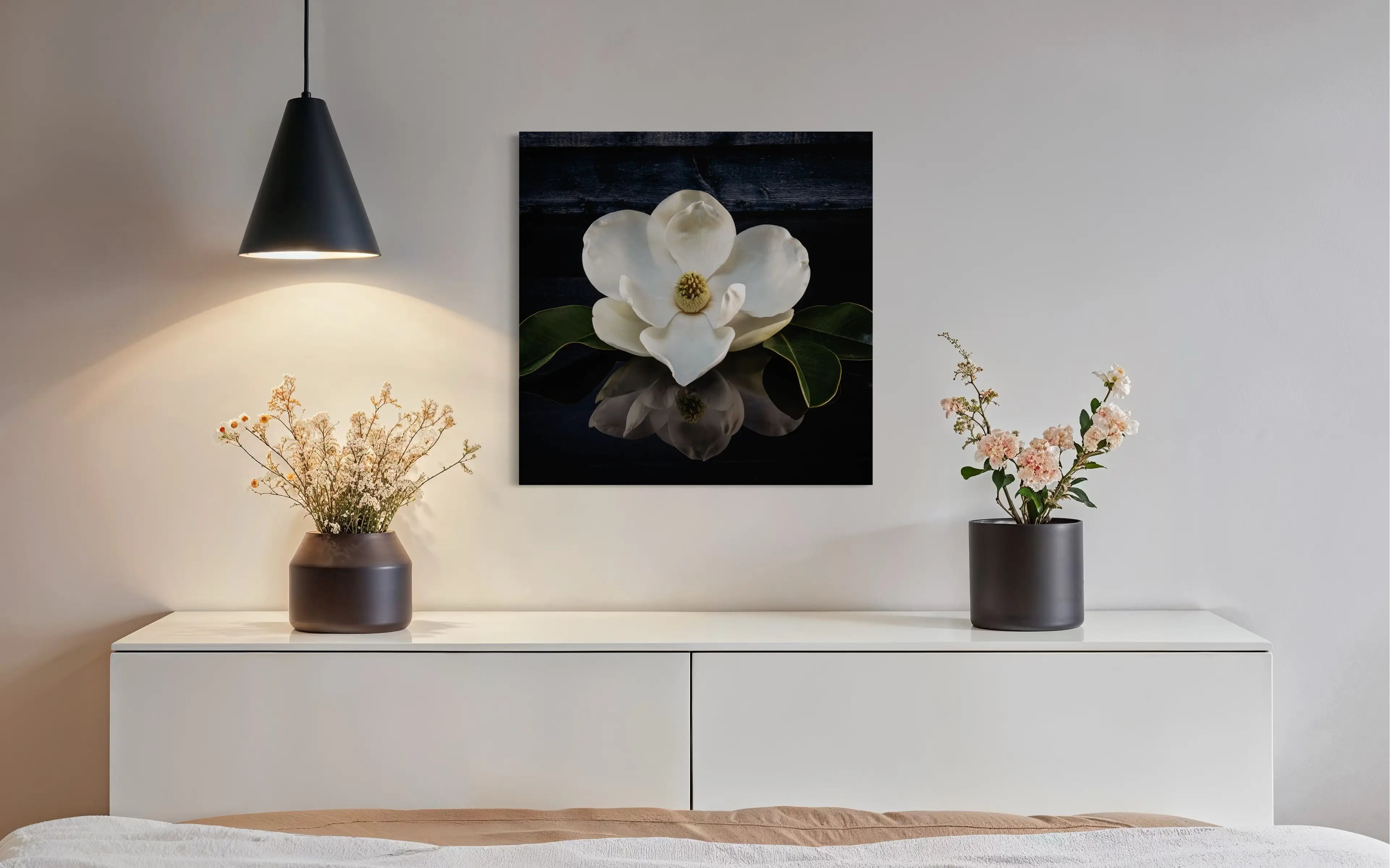 Colorful magnolia with reflection on glass print, coastal bedroom decor art
