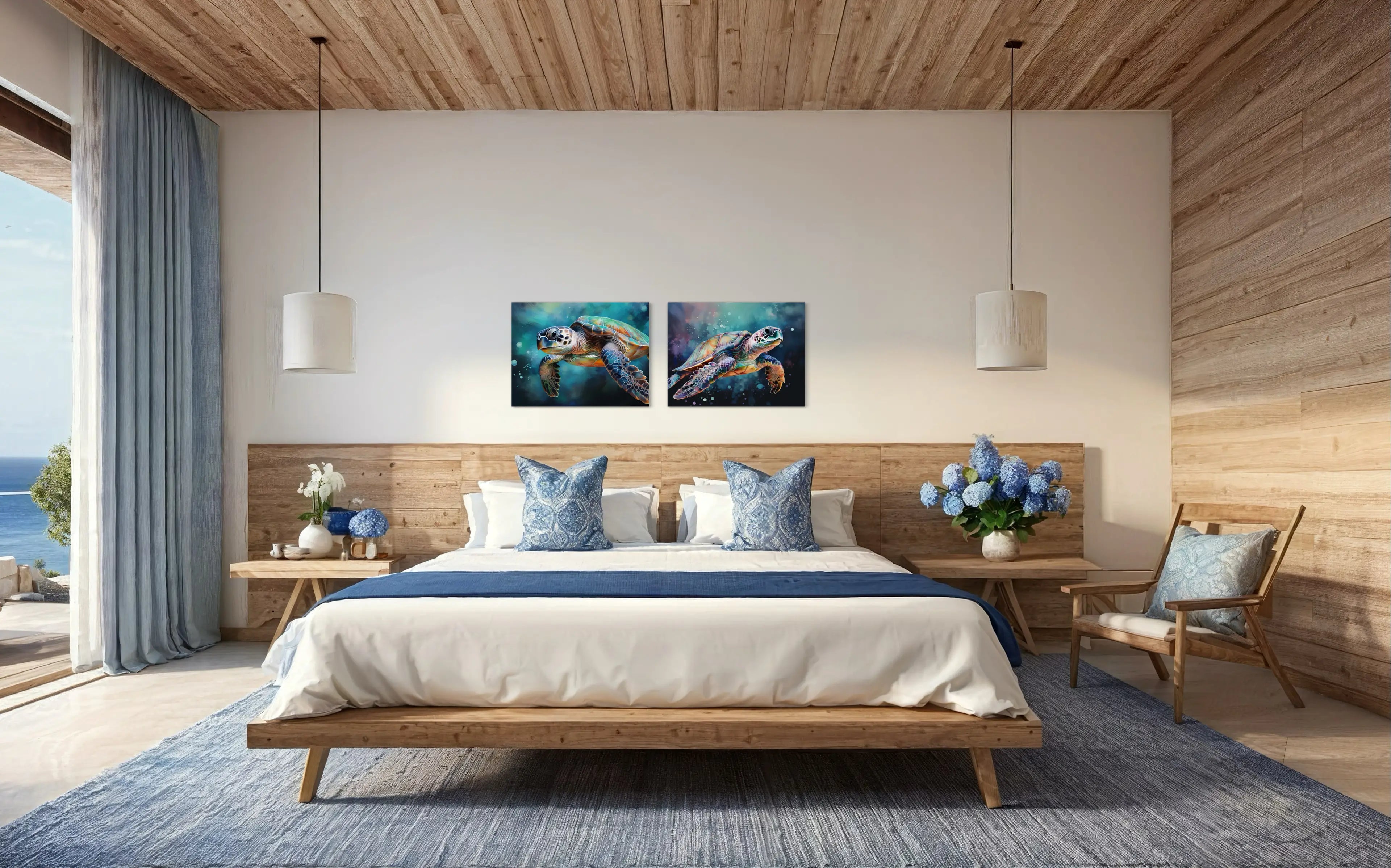 Watercolor sea turtle glass print with vibrant ocean tones in bedroom with another Echoes of the Sea print