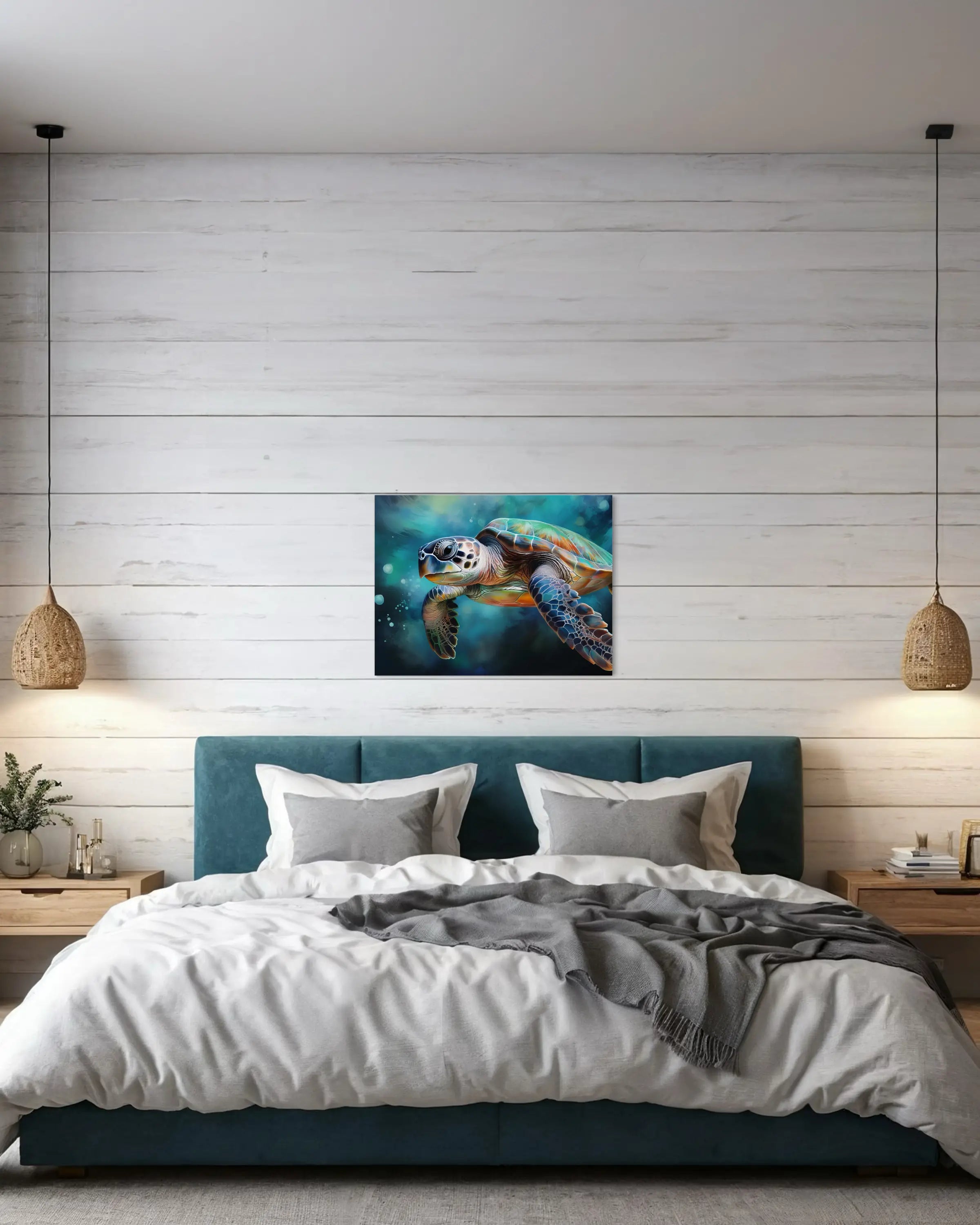 Watercolor sea turtle glass print with vibrant ocean tones – coastal bedroom decor