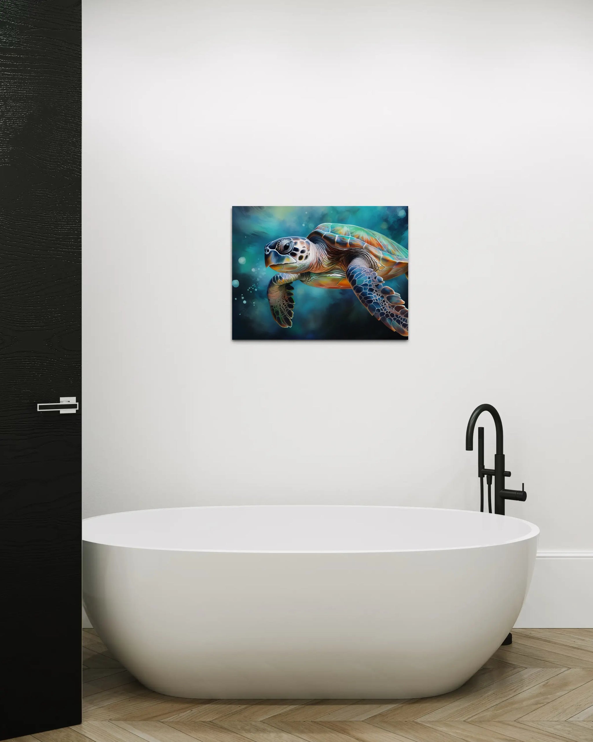 Watercolor sea turtle glass print with vibrant ocean tones –coastal bathroom decor