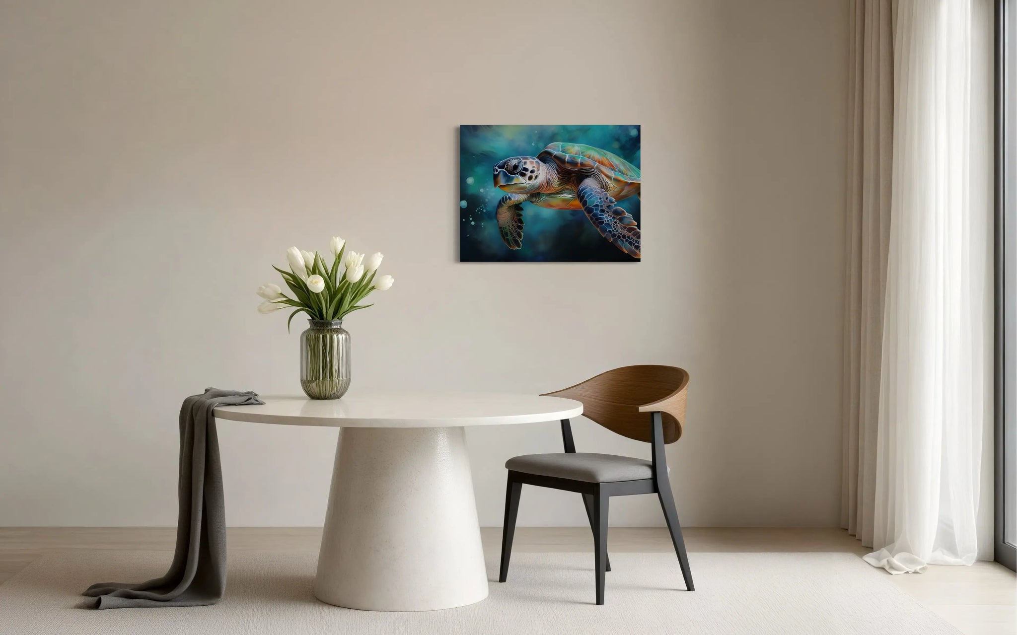 Watercolor sea turtle glass print with vibrant ocean tones in dining room – Echoes of the Sea