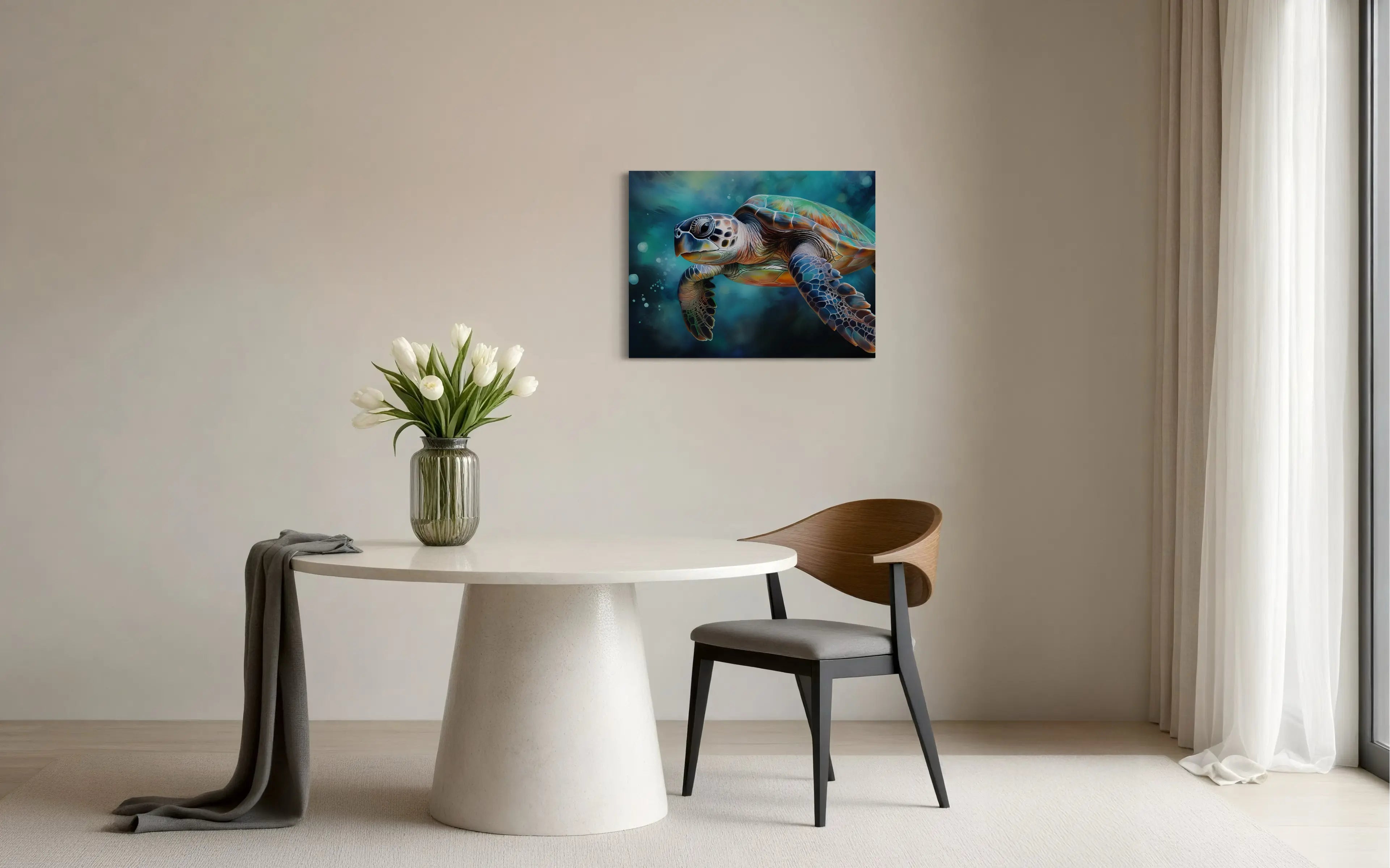 Watercolor sea turtle glass print with vibrant ocean tones in dining room – Echoes of the Sea
