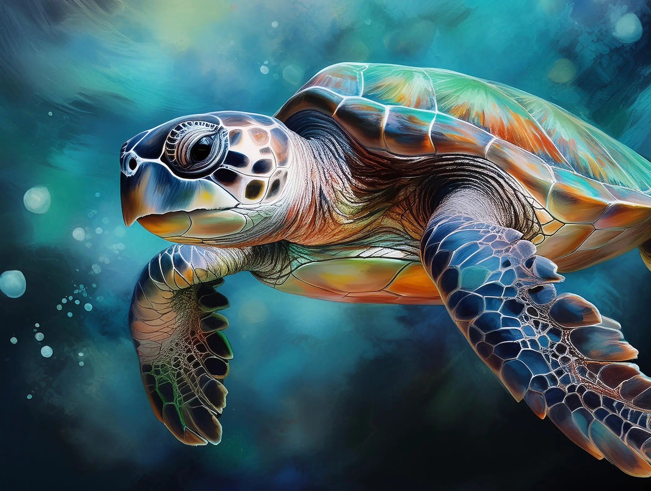 Watercolor sea turtle glass print with vibrant ocean tones – Echoes of the Sea