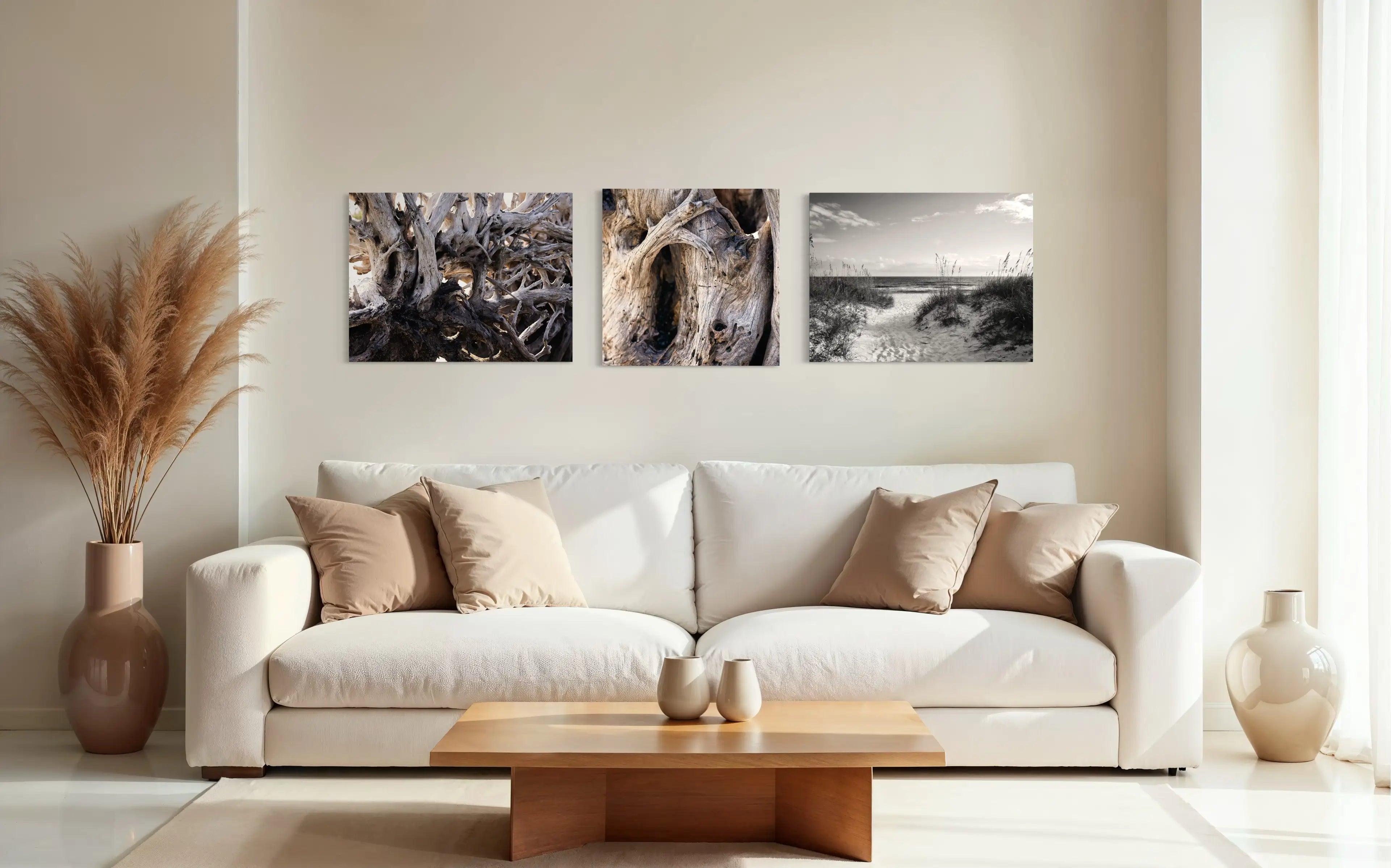 Weathered Grace Driftwood Art – coastal glass print displayed in a coastal living room gallery wall with two complementary ocean-inspired art prints.