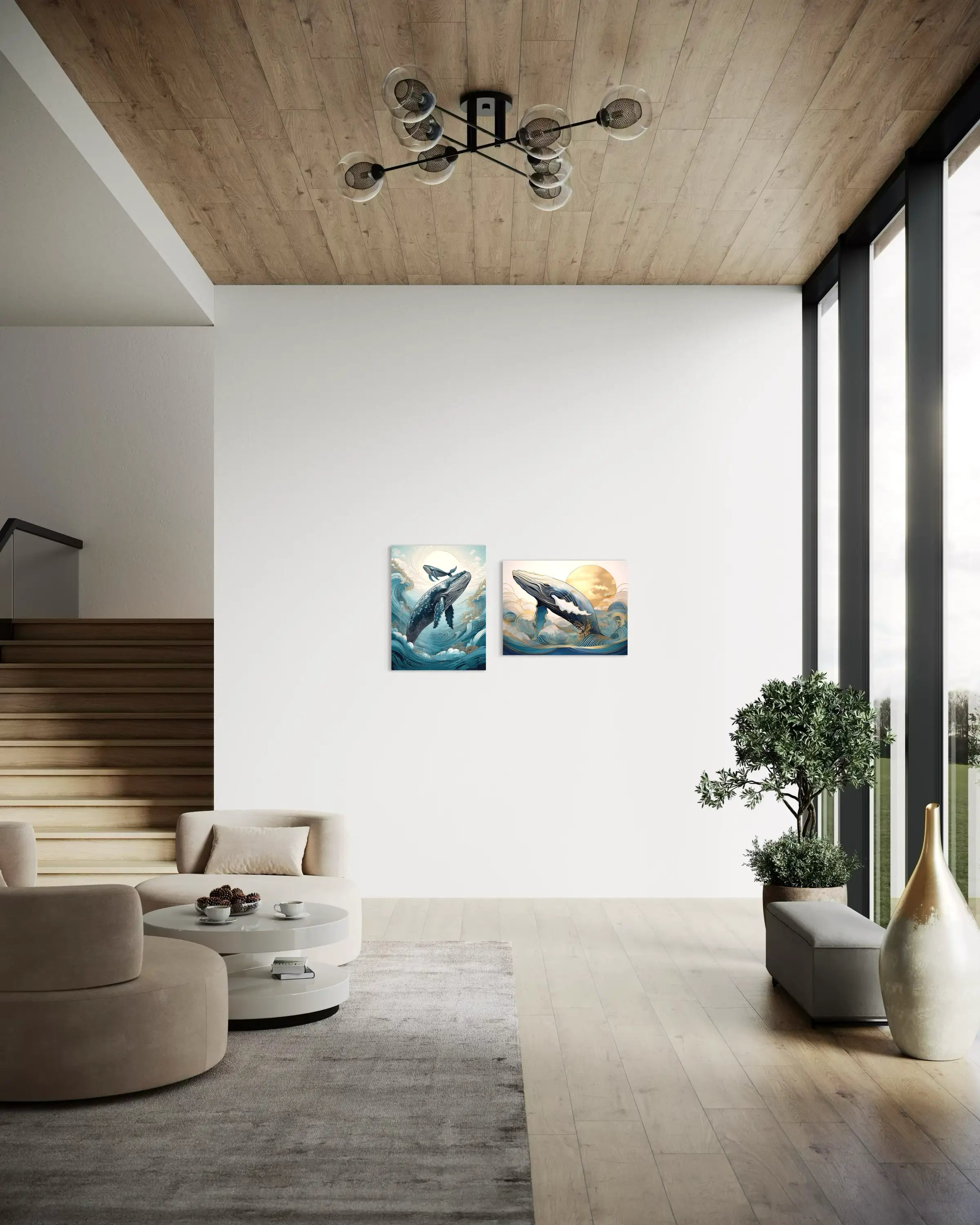 Whale mother and baby coastal glass print with Hokusai-inspired waves and gold accents – in coastal entryway