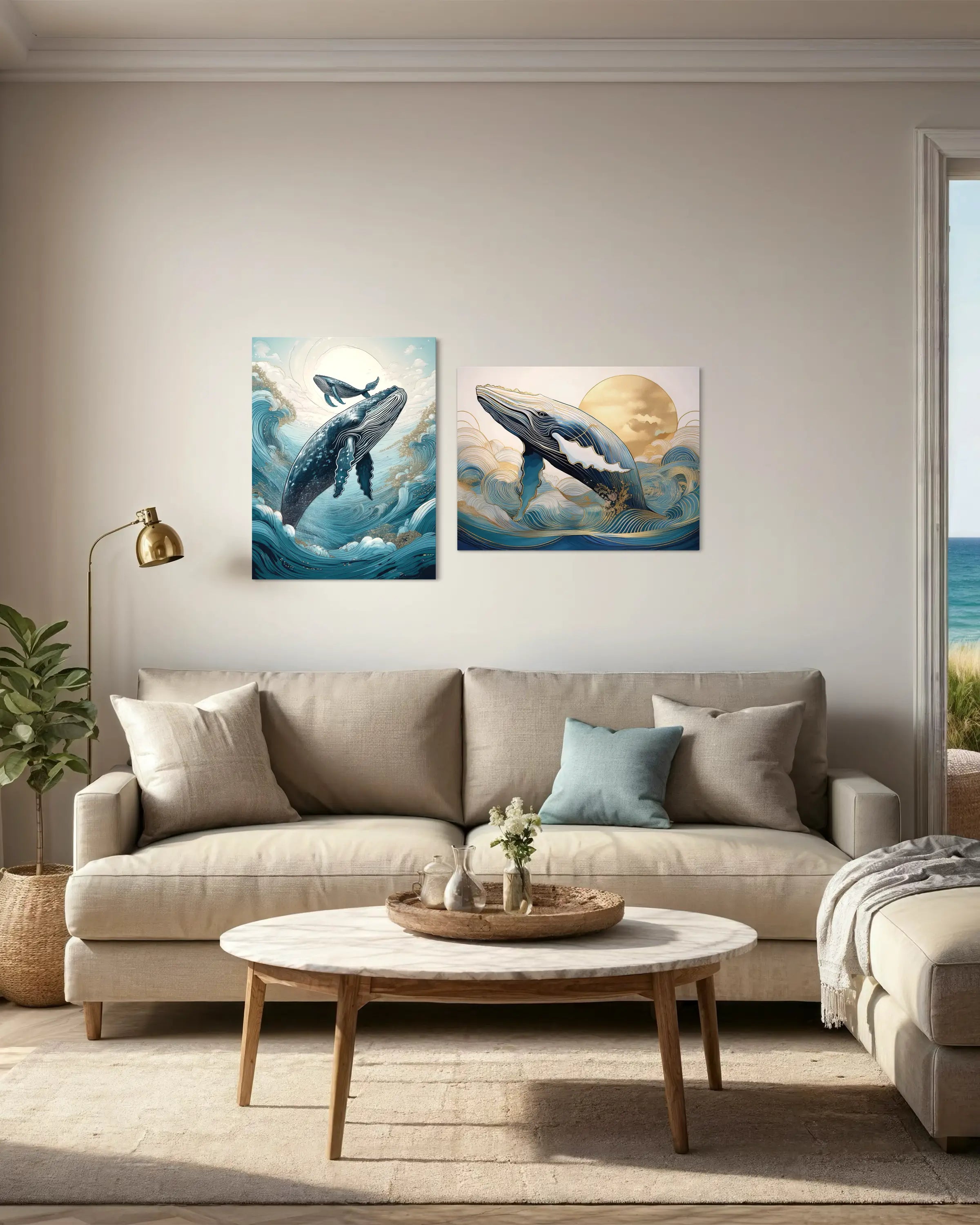 Whale mother and baby coastal glass print with Hokusai-inspired waves and gold accents – with matching print