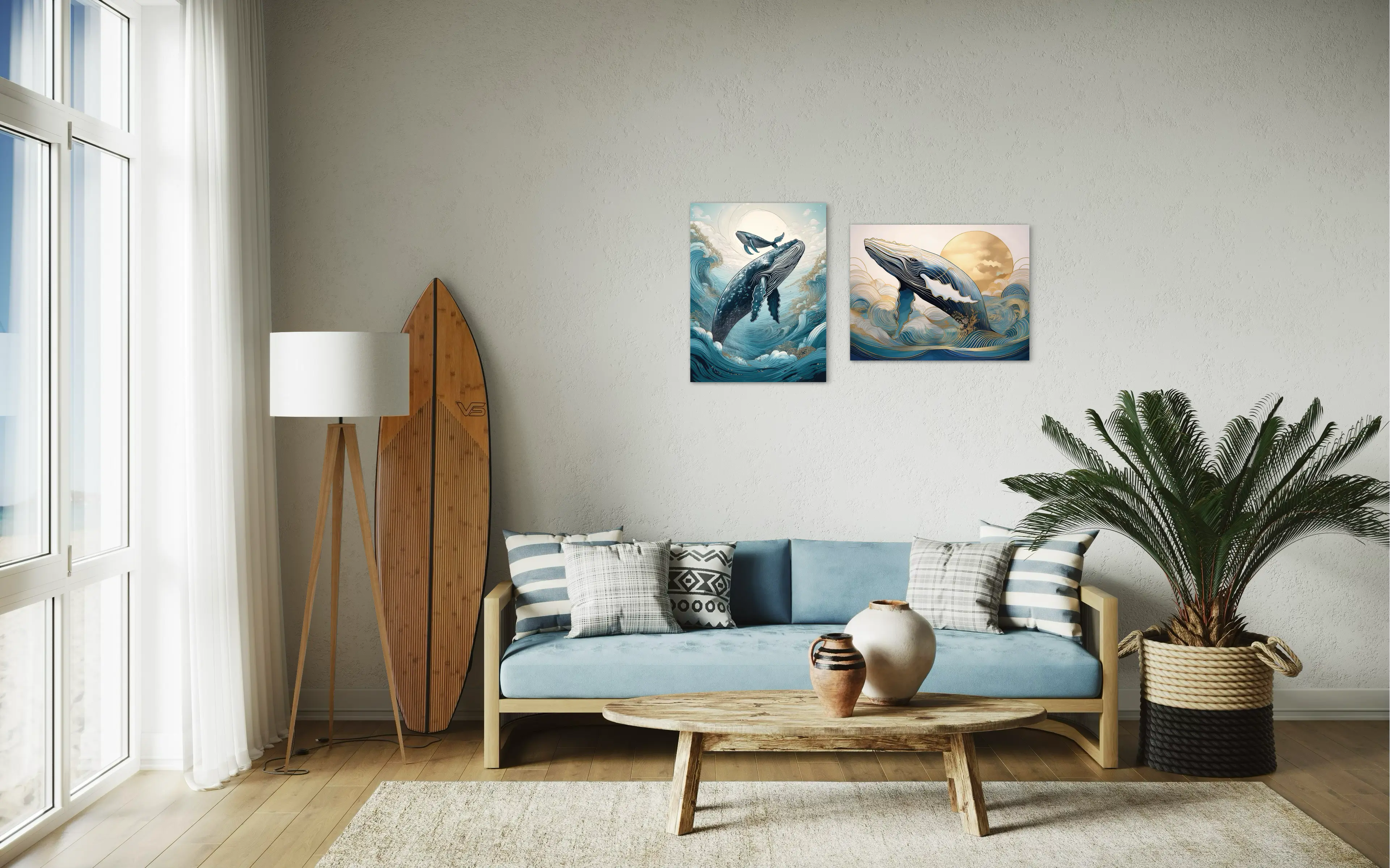 Whale mother and baby coastal glass print with Hokusai-inspired waves and gold accents in living room