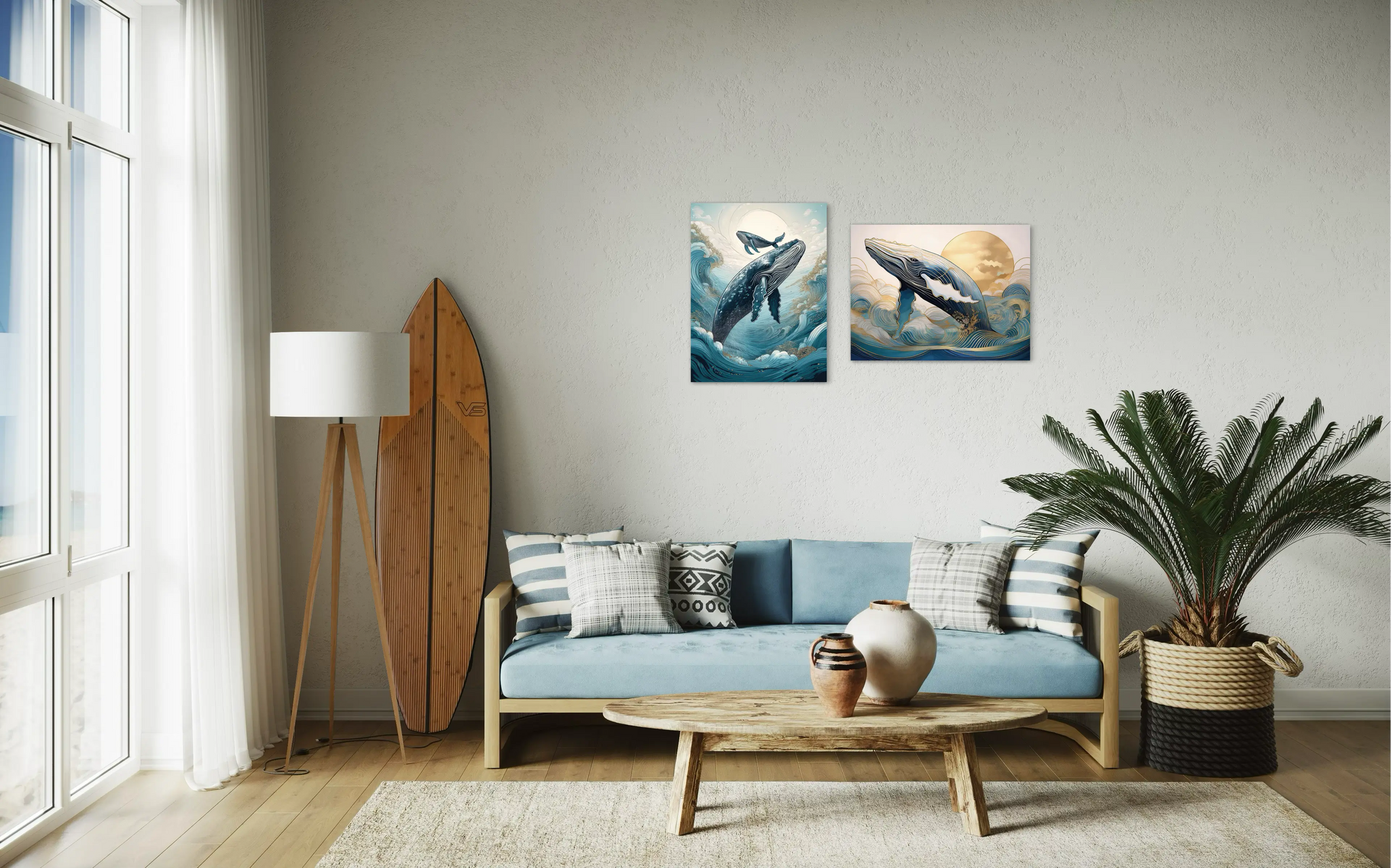 Whale mother and baby coastal glass print with Hokusai-inspired waves and gold accents in living room