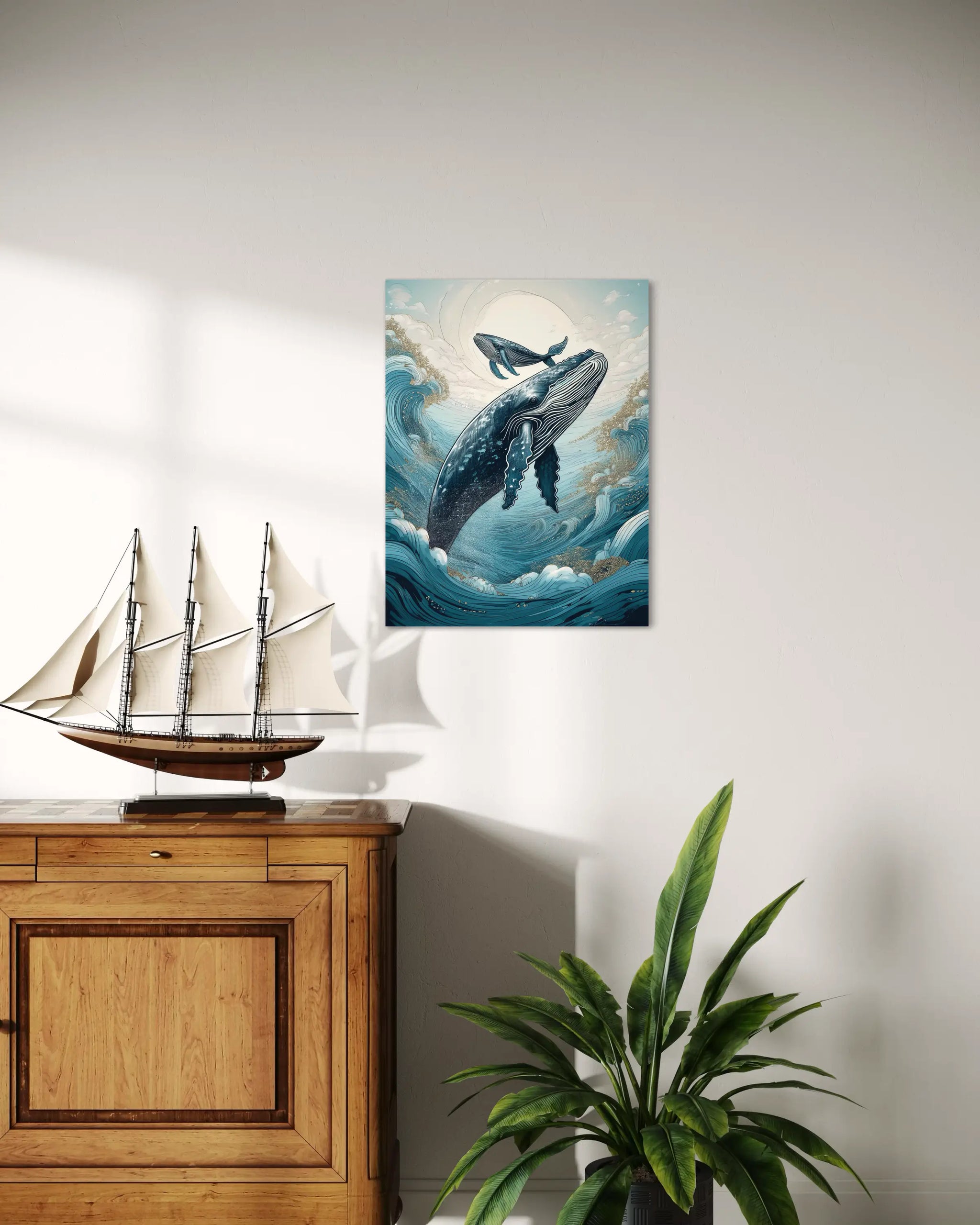 Whale mother and baby coastal glass print with Hokusai-inspired waves and gold accents – marine wall art