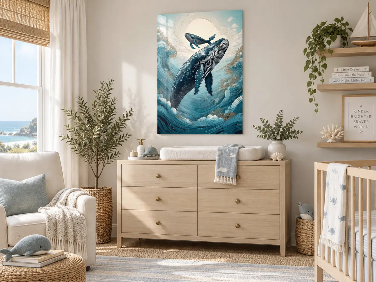 Whale Mother & Baby coastal glass print displayed in a serene coastal nursery with soft blue accents and natural textures.