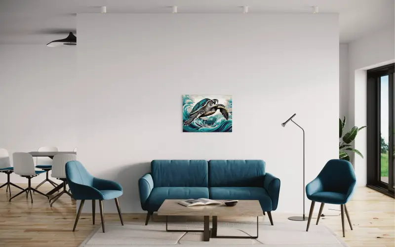 Sea turtle line art glass print with Hokusai-inspired blue-teal waves, eco-friendly coastal wall decor for living room
