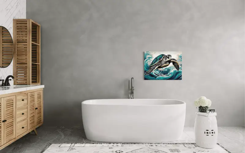 Sea turtle line art glass print with Hokusai-inspired blue-teal waves, eco-friendly coastal wall decor for modern bathroom decor