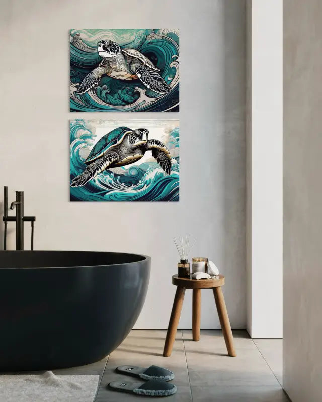 Sea turtle line art glass print with Hokusai-inspired blue-teal waves, eco-friendly coastal wall decor displayed with matching print