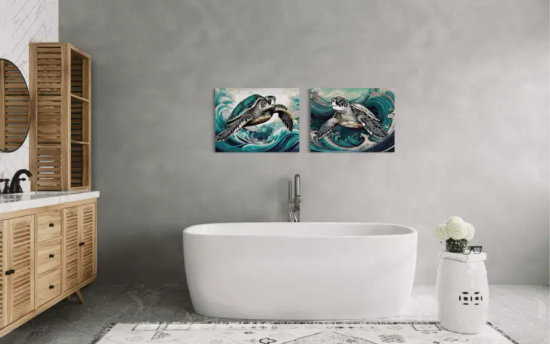 Sea turtle line art glass print with Hokusai-inspired blue-teal waves, eco-friendly coastal wall decor - wall gallery in bathroom