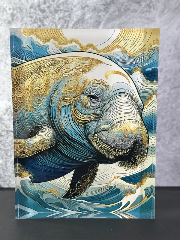 Whimsical Manatee: Dazzling Blues & Golden Highlights | Acrylic Block Print - 6’’ X 8’’ - Coastal Glass Prints