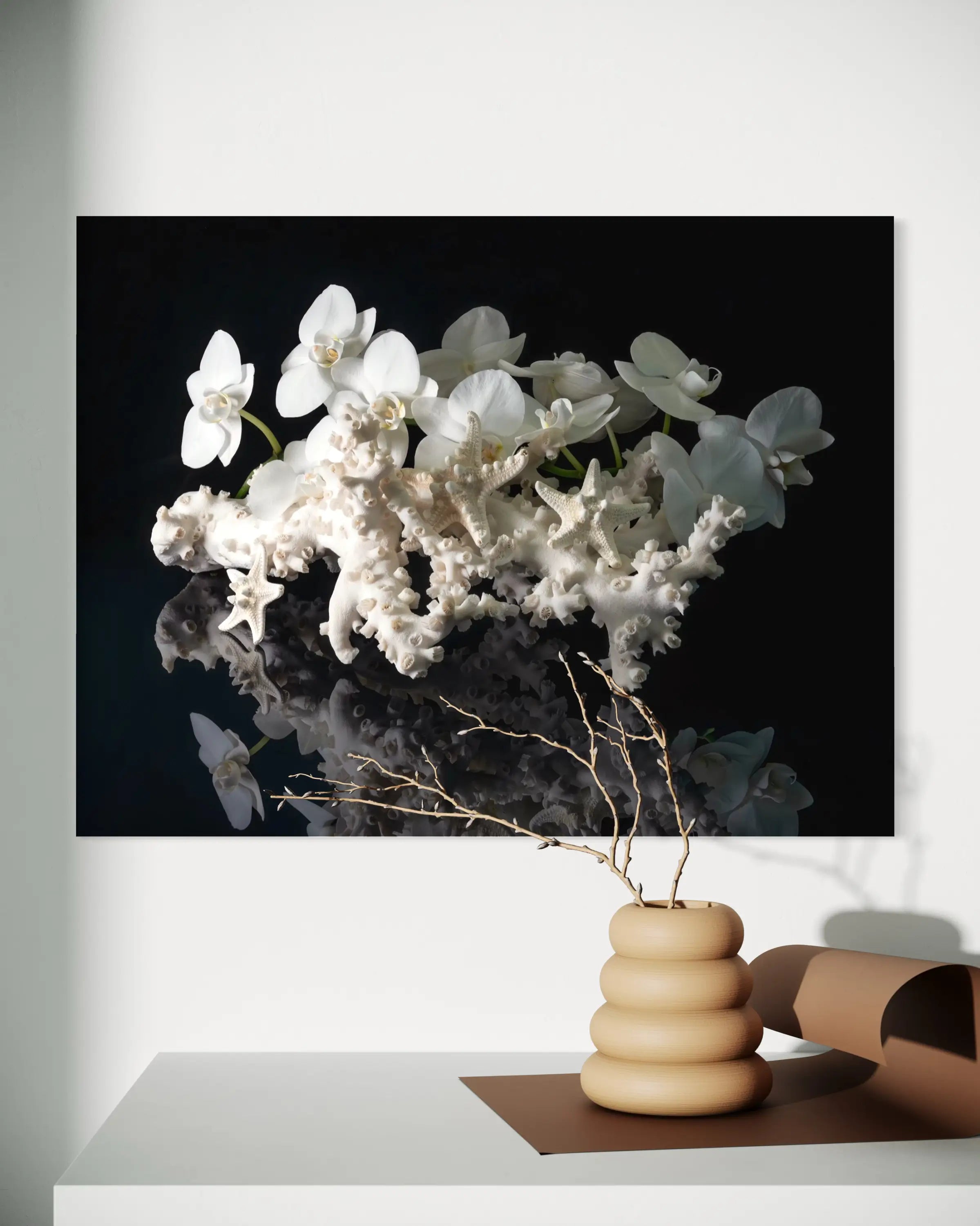 White coral and starfish with orchids, coastal glass art