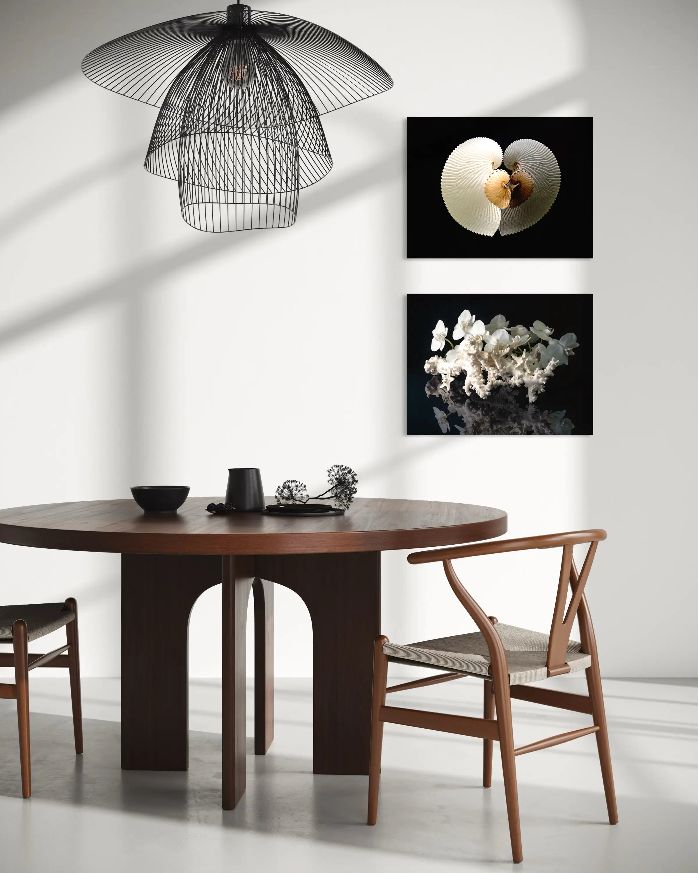 White coral and starfish with orchids, coastal glass art, with another echoes print