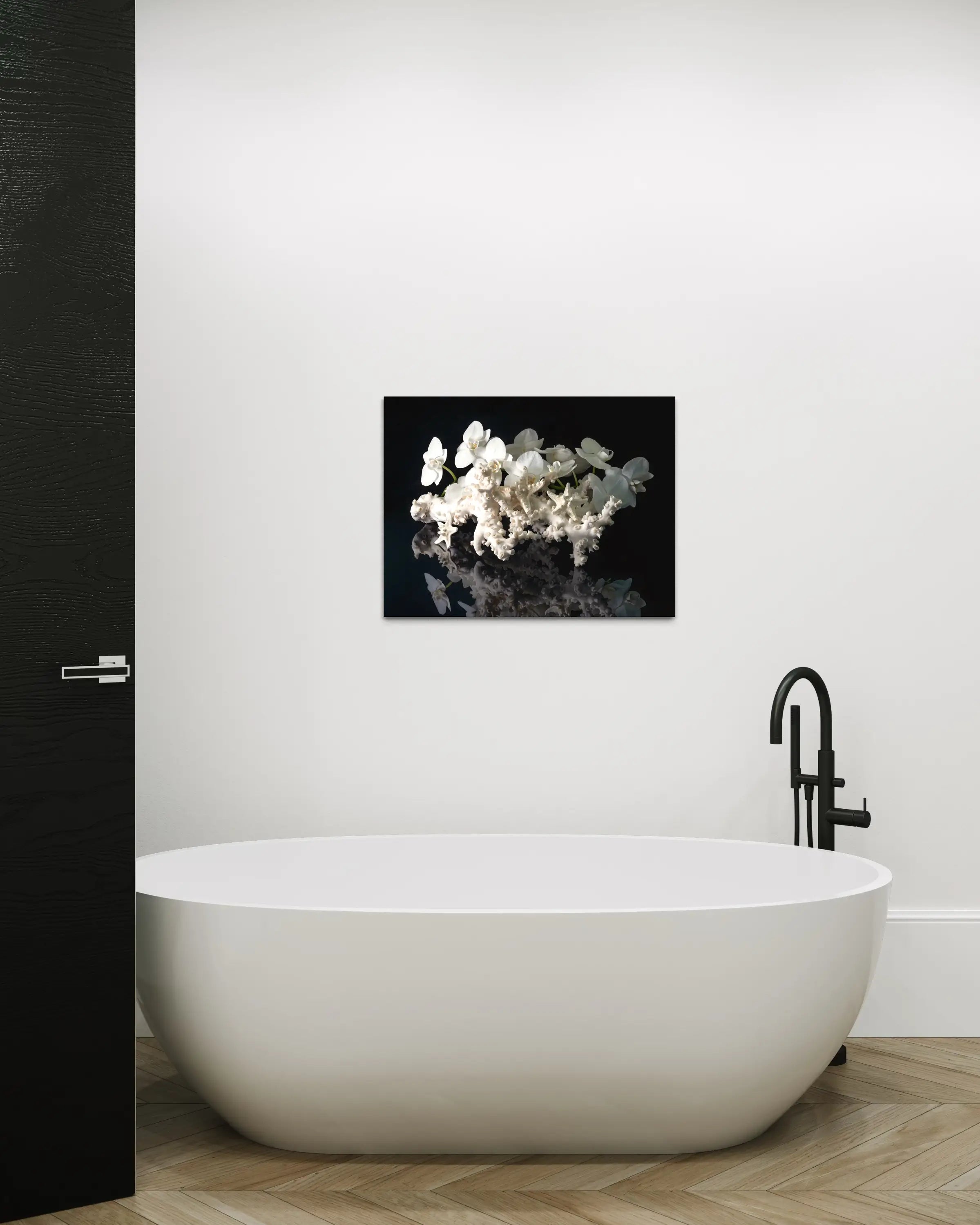 White coral and starfish with orchids, coastal glass art, modern coastal bathroom