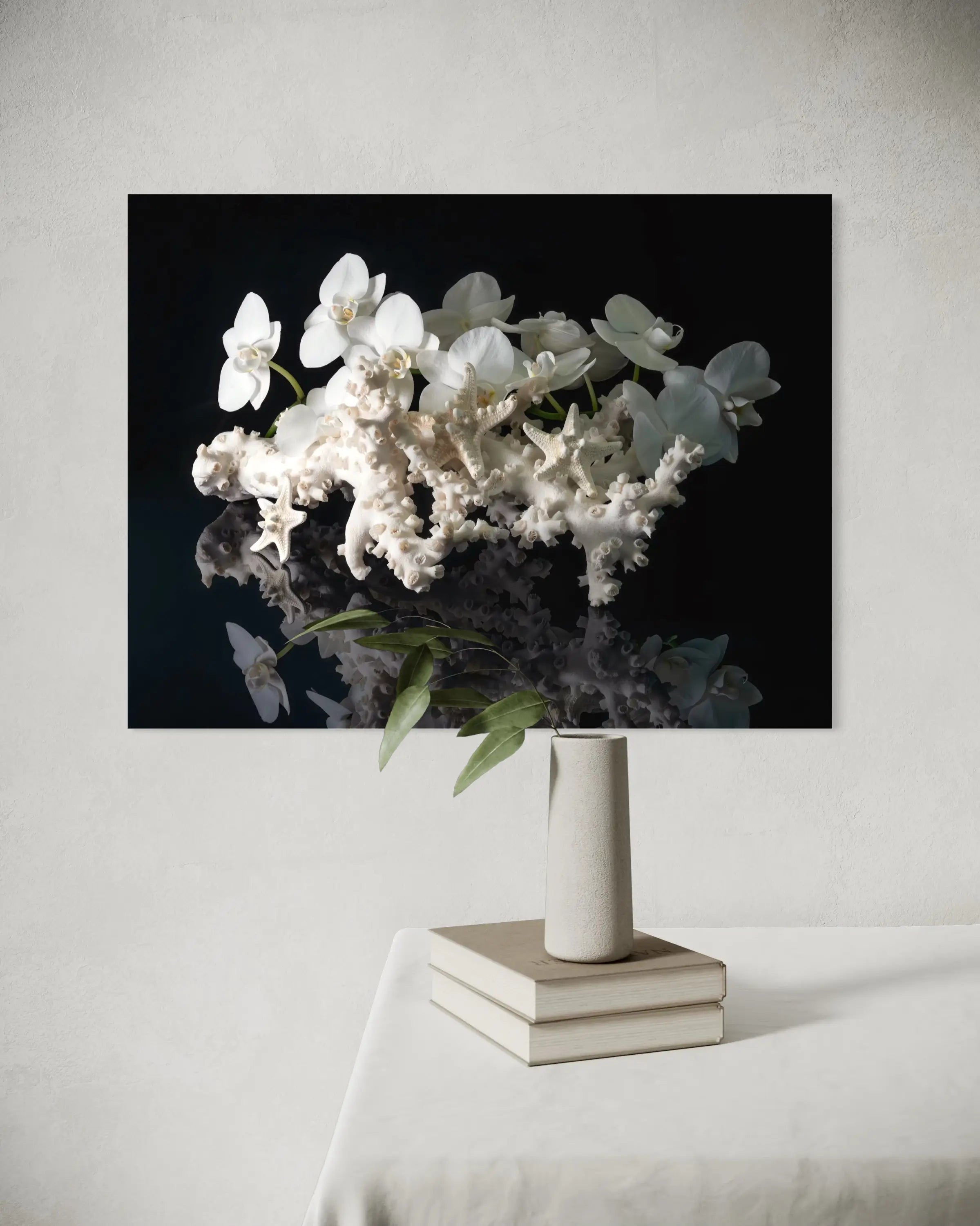 White coral and starfish with orchids, coastal glass art, modern coastal decor