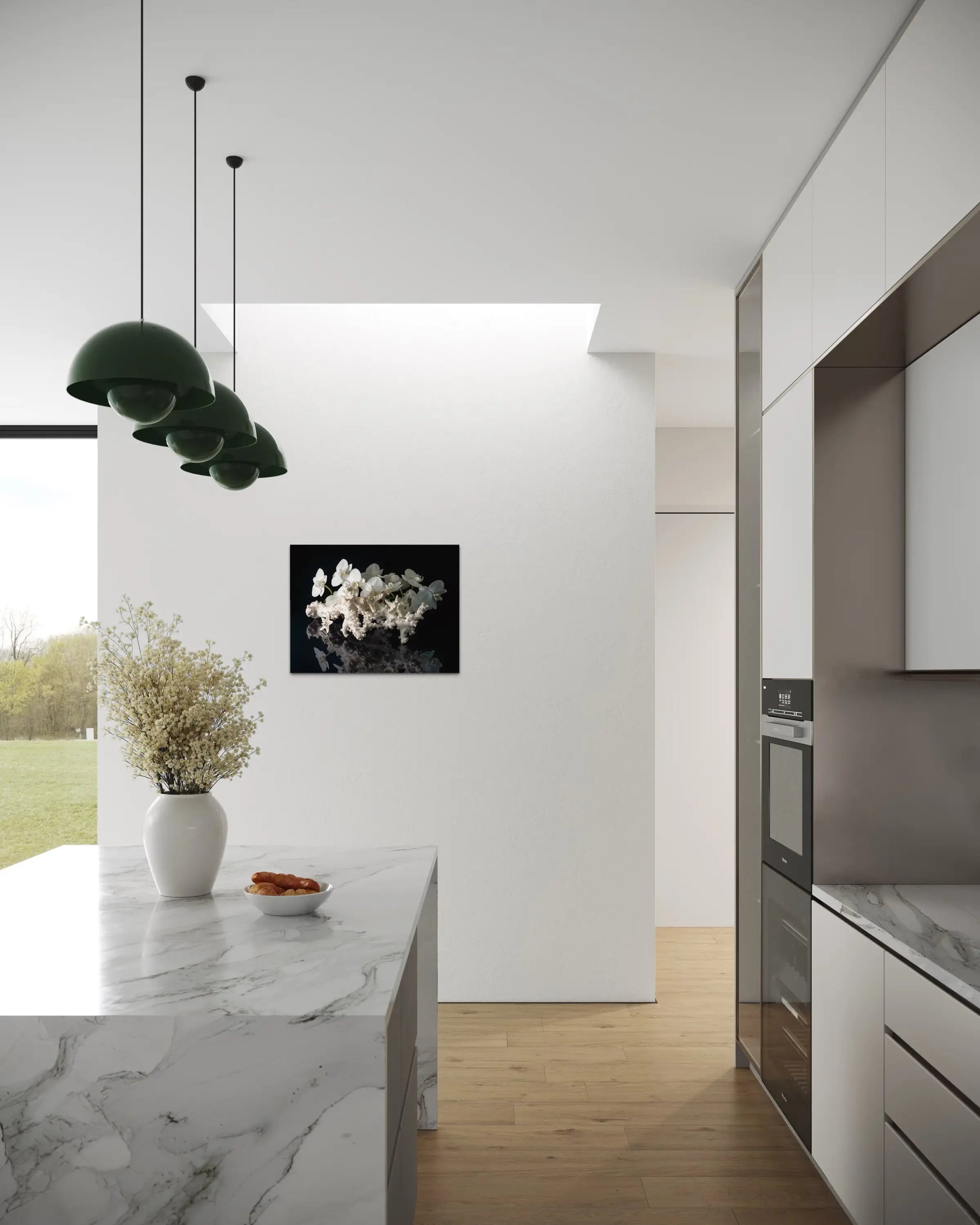 White coral and starfish with orchids, coastal glass art, modern coastal kitchen