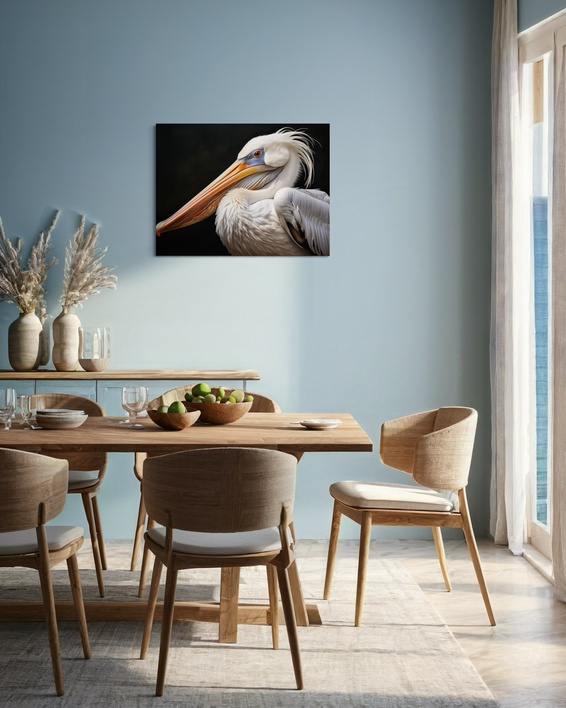 White Pelican Coastal Glass Print by Echoes of the Sea-dining room decor