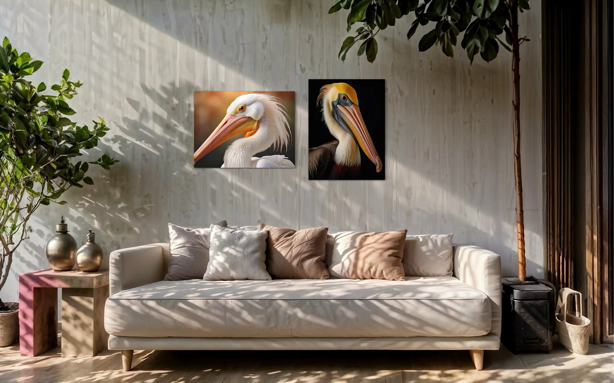 Two Echoes of the Sea coastal glass prints of pelican art